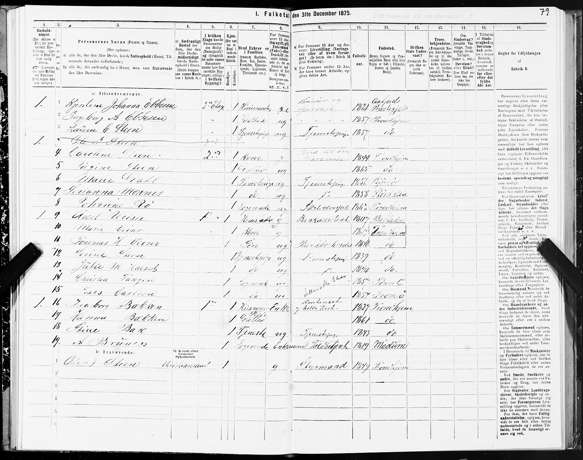 SAT, Folketelling 1875 for 1601 Trondheim kjøpstad, 1875, s. 1079