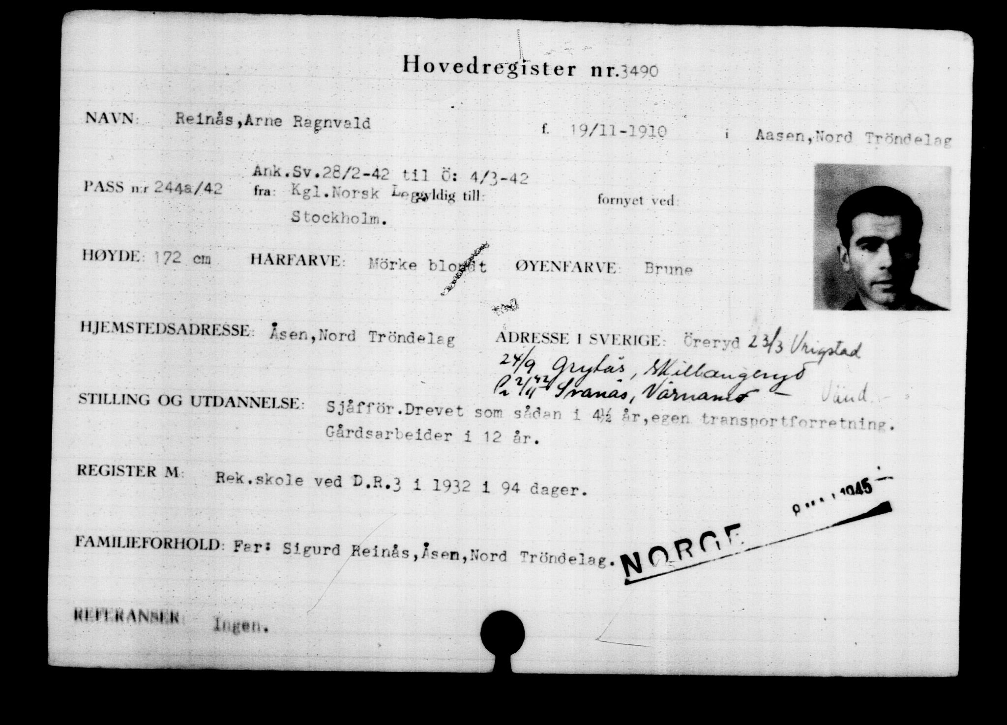 Utenriksstasjonene, Legasjonen i Stockholm, Flyktningkontoret, AV/RA-S-6753/V/Va/L0003: Kjesäterkartoteket, flyktninger med registreringsnr. 2001-3495, 1940-1945, s. 2005