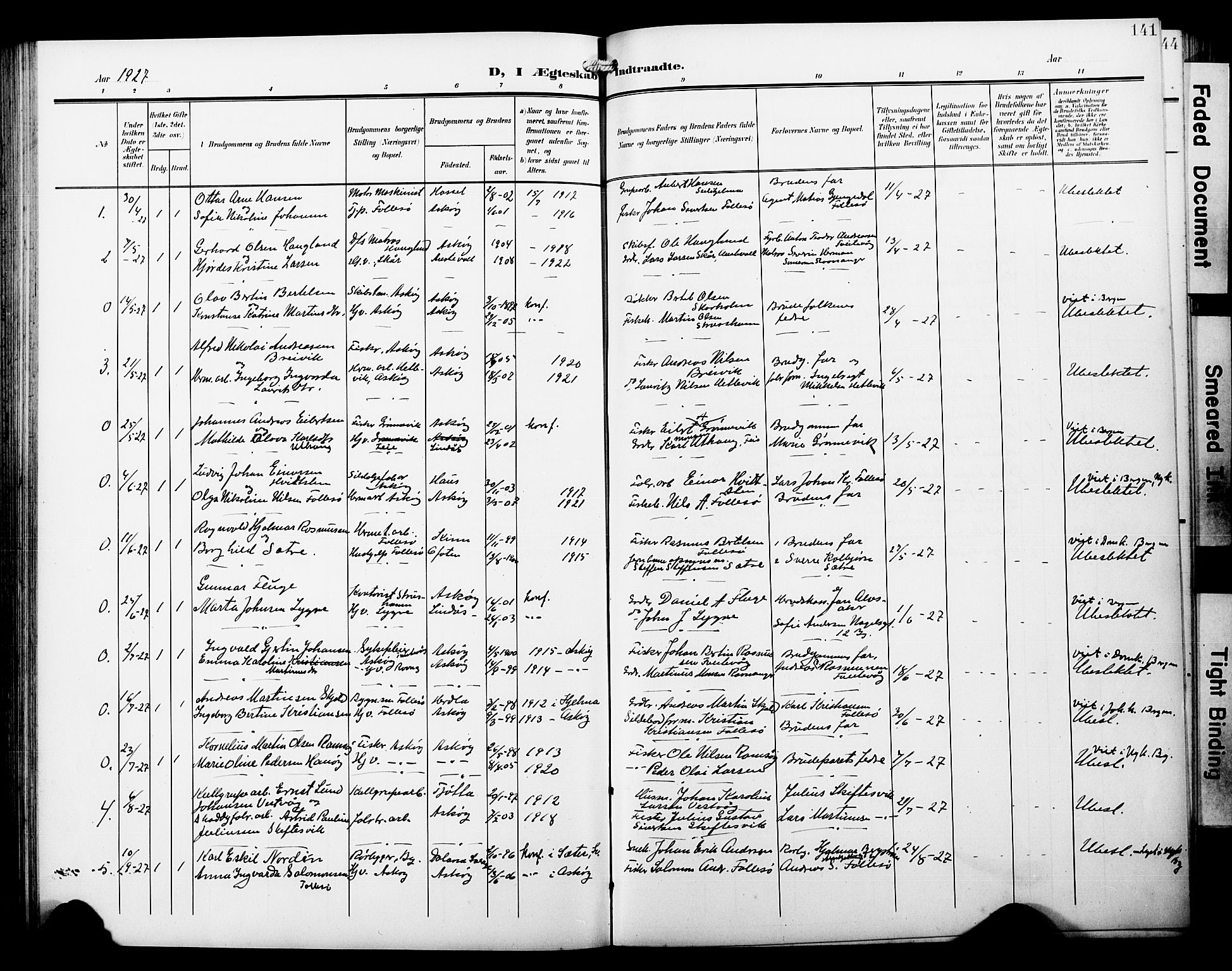 Askøy Sokneprestembete, AV/SAB-A-74101/H/Ha/Hab/Haba/L0014: Klokkerbok nr. A 14, 1904-1927, s. 141