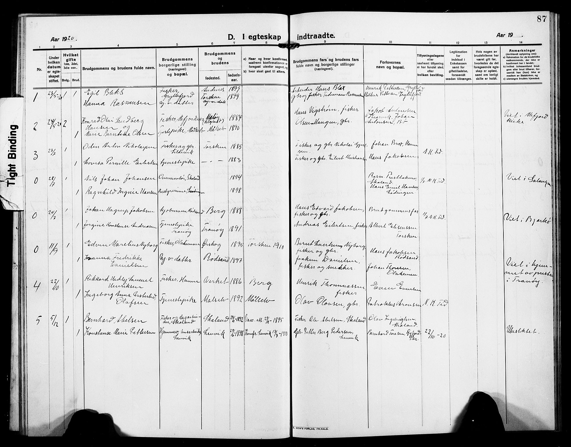 Berg sokneprestkontor, AV/SATØ-S-1318/G/Ga/Gab/L0006klokker: Klokkerbok nr. 6, 1912-1921, s. 87