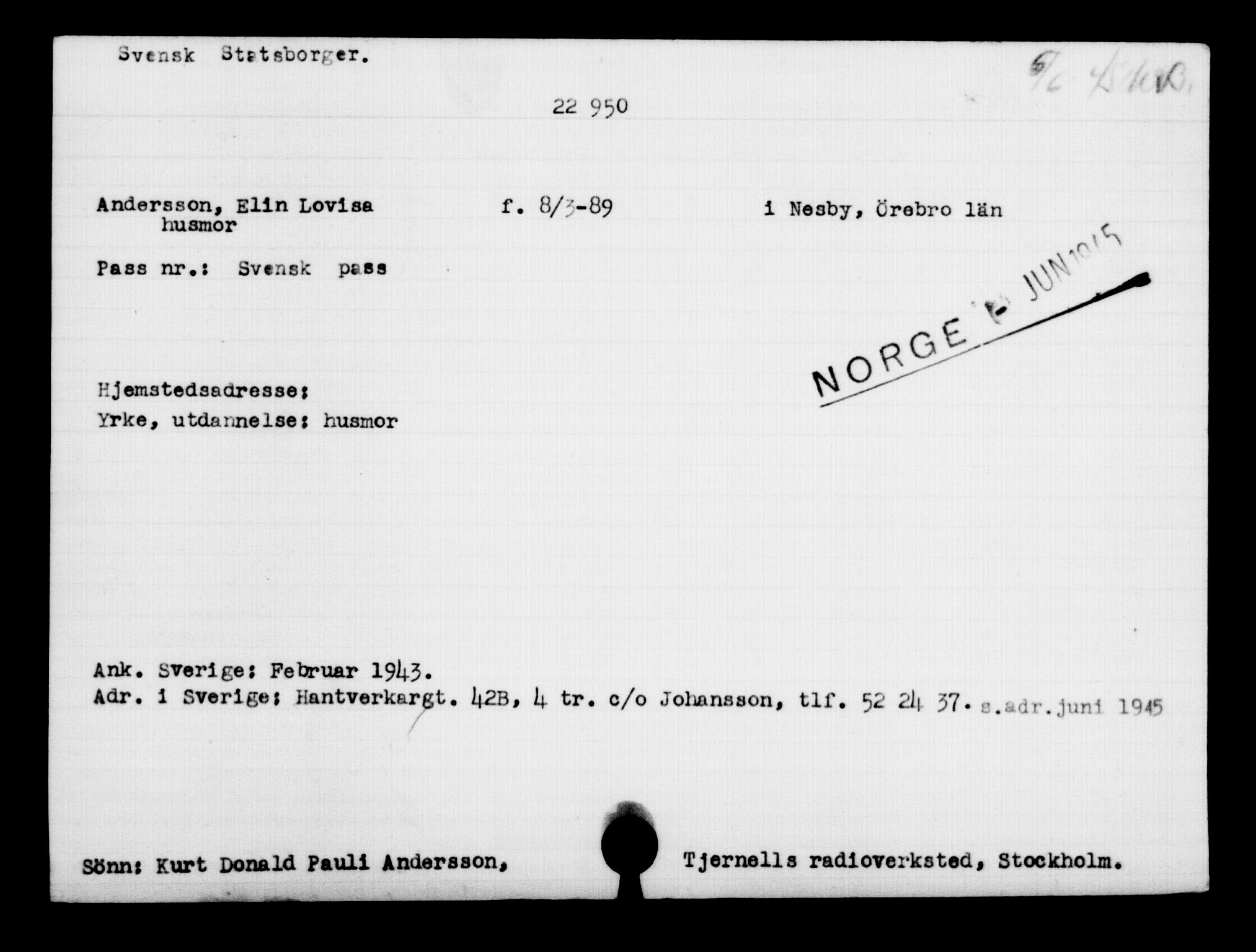 Den Kgl. Norske Legasjons Flyktningskontor, AV/RA-S-6753/V/Va/L0010: Kjesäterkartoteket.  Flyktningenr. 22000-25314, 1940-1945, s. 1029