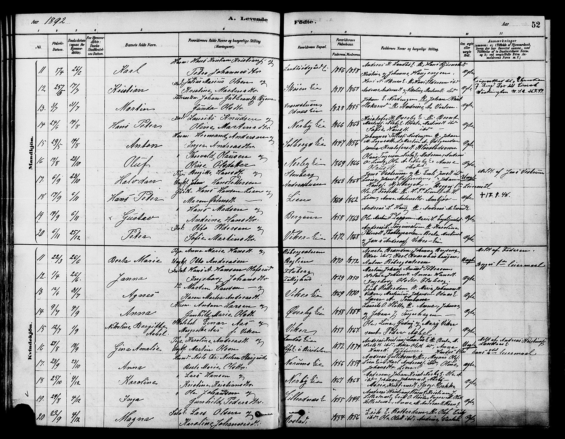 Søndre Land prestekontor, AV/SAH-PREST-122/K/L0002: Ministerialbok nr. 2, 1878-1894, s. 52