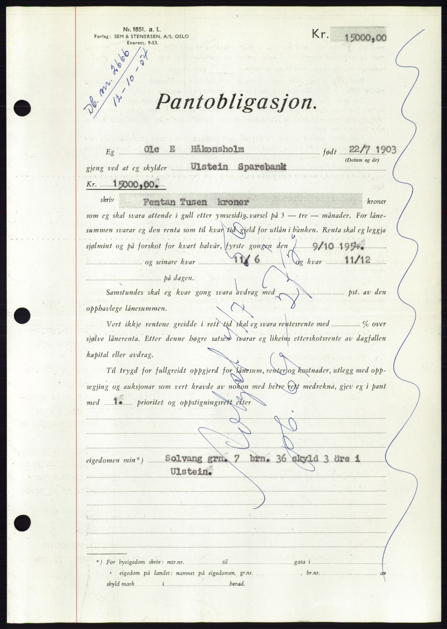 Søre Sunnmøre sorenskriveri, AV/SAT-A-4122/1/2/2C/L0126: Pantebok nr. 14B, 1954-1955, Dagboknr: 2666/1954