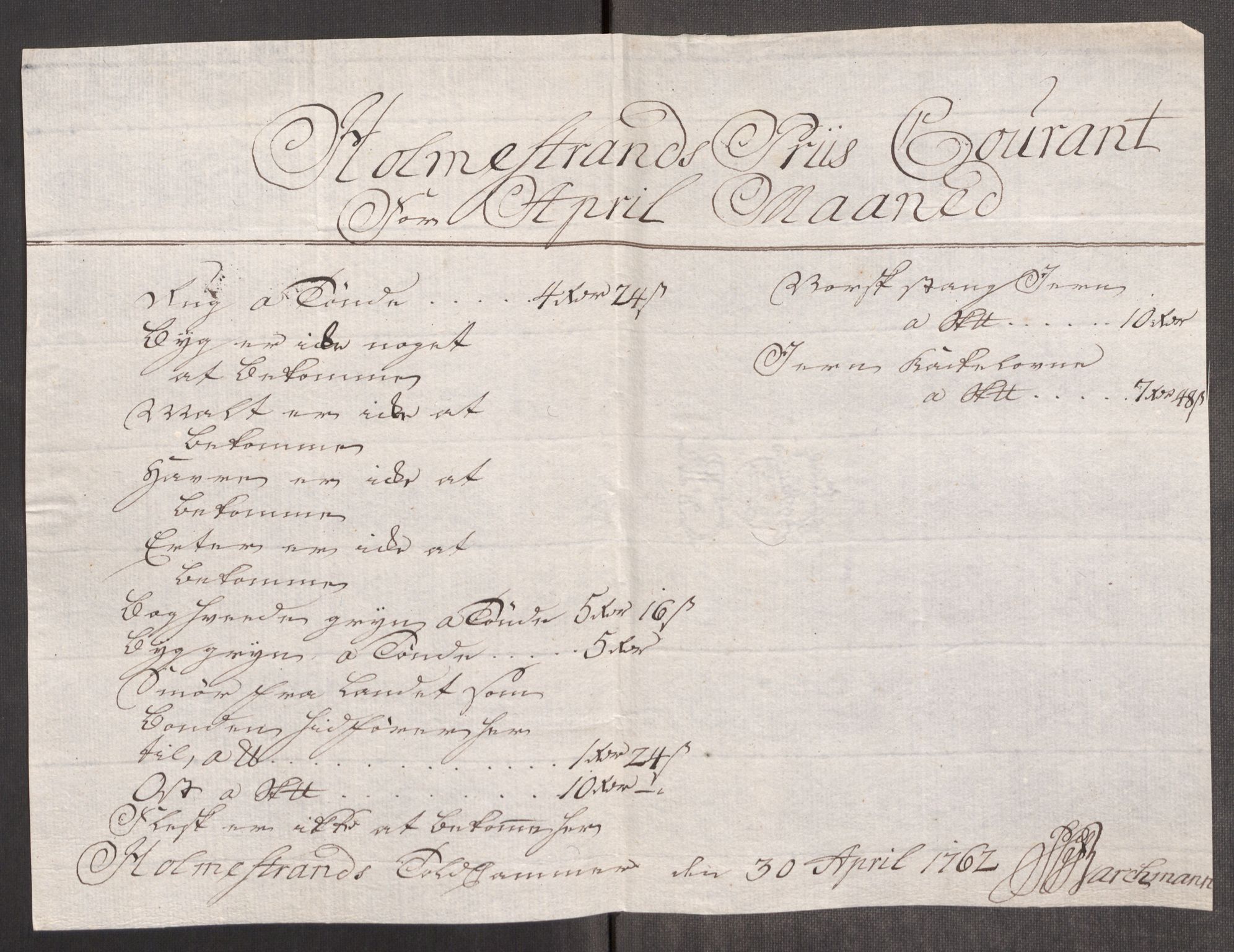 Rentekammeret inntil 1814, Realistisk ordnet avdeling, AV/RA-EA-4070/Oe/L0007: [Ø1]: Priskuranter, 1761-1763, s. 394
