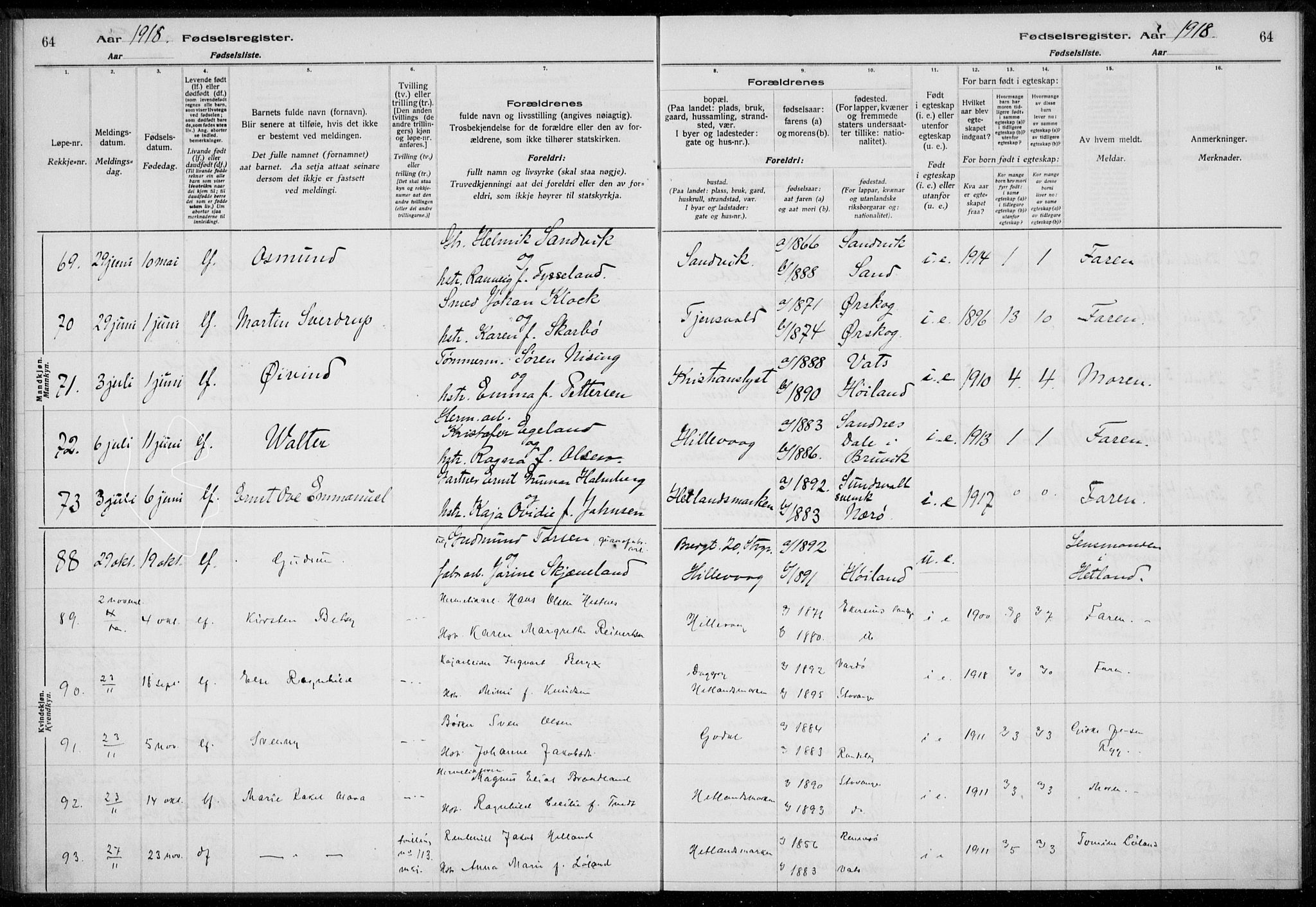 Hetland sokneprestkontor, AV/SAST-A-101826/70/704BA/L0003: Fødselsregister nr. 1, 1916-1923, s. 64