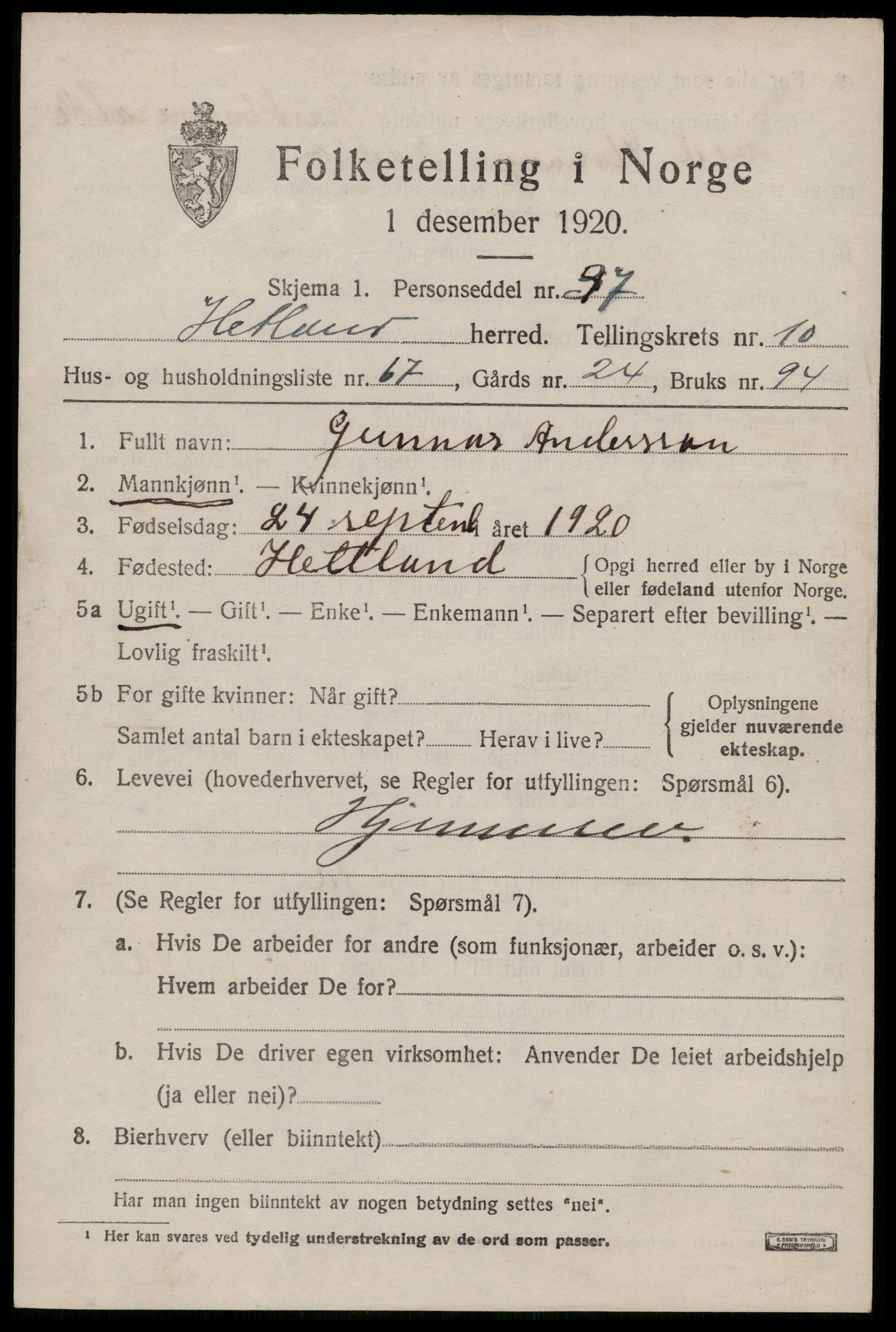 SAST, Folketelling 1920 for 1126 Hetland herred, 1920, s. 19927
