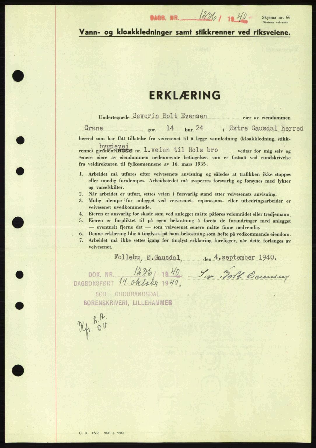 Sør-Gudbrandsdal tingrett, SAH/TING-004/H/Hb/Hbe/L0002: Pantebok nr. B2, 1939-1943, Dagboknr: 1236/1940