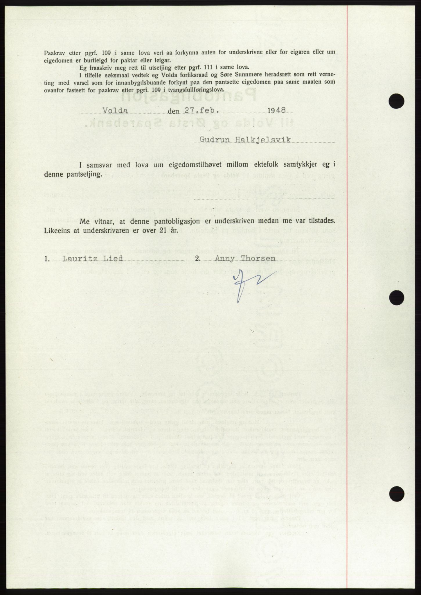Søre Sunnmøre sorenskriveri, AV/SAT-A-4122/1/2/2C/L0115: Pantebok nr. 3B, 1947-1948, Dagboknr: 259/1948