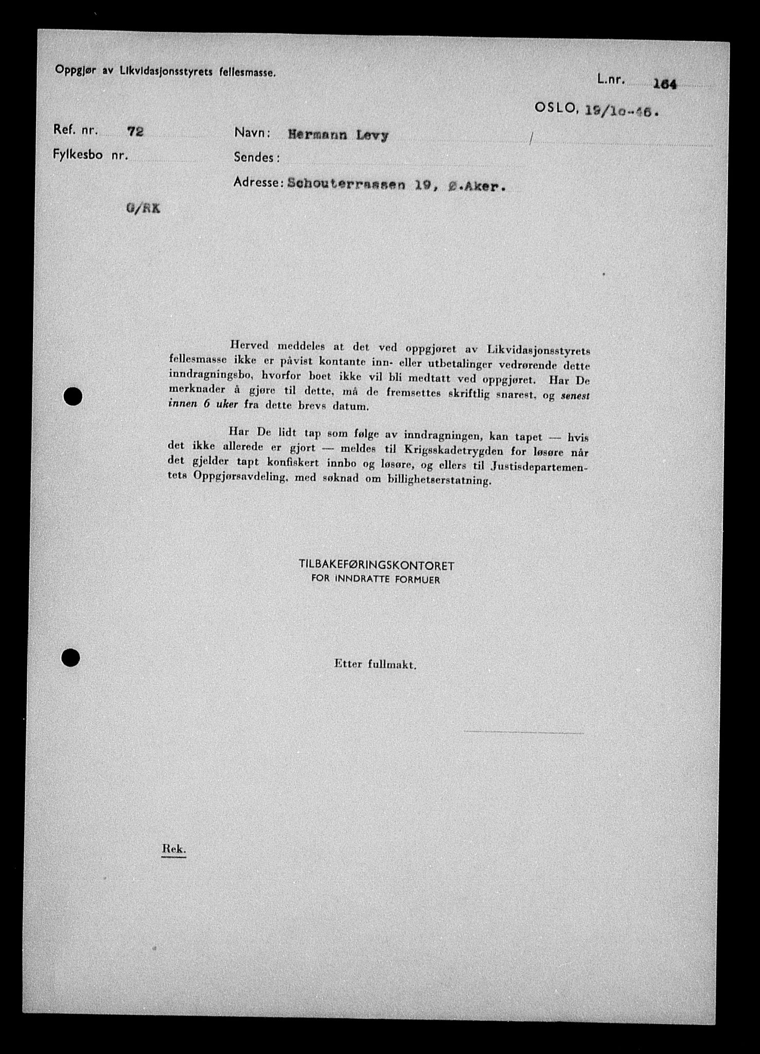 Justisdepartementet, Tilbakeføringskontoret for inndratte formuer, AV/RA-S-1564/H/Hc/Hcc/L0959: --, 1945-1947, s. 265