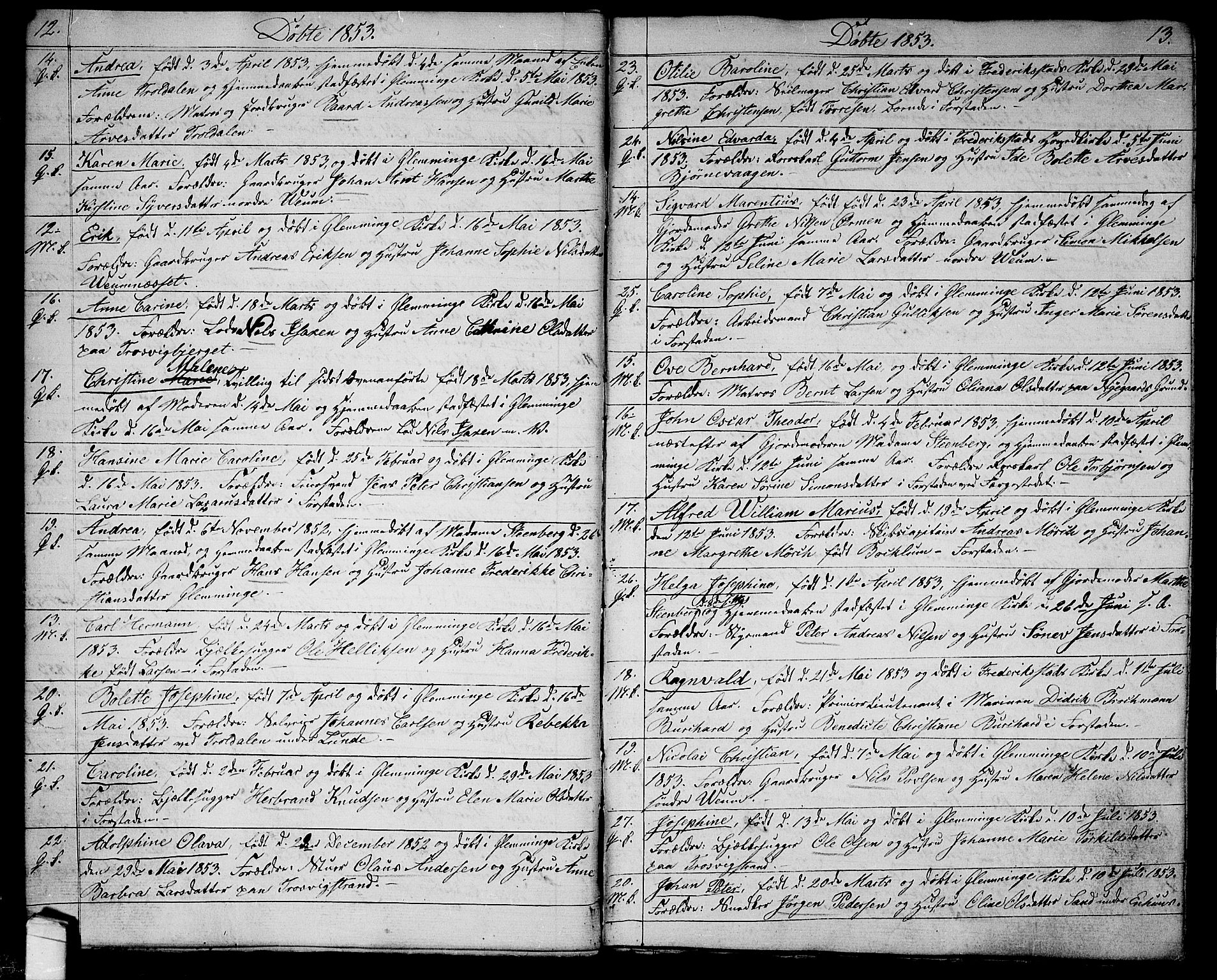 Glemmen prestekontor Kirkebøker, AV/SAO-A-10908/G/Ga/L0003: Klokkerbok nr. 3, 1852-1866, s. 12-13