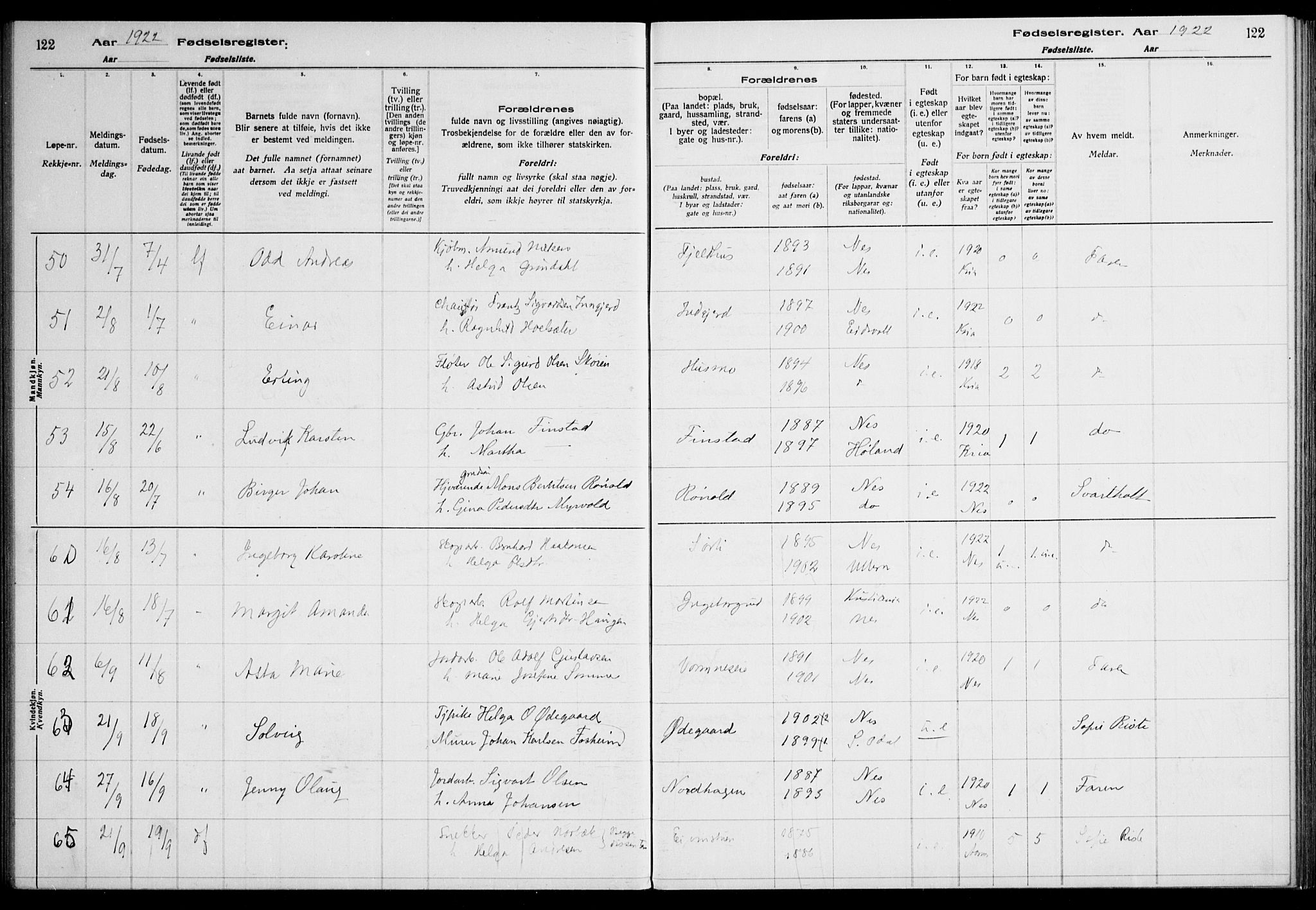 Nes prestekontor Kirkebøker, AV/SAO-A-10410/J/Ja/L0001: Fødselsregister nr. 1, 1916-1926, s. 122