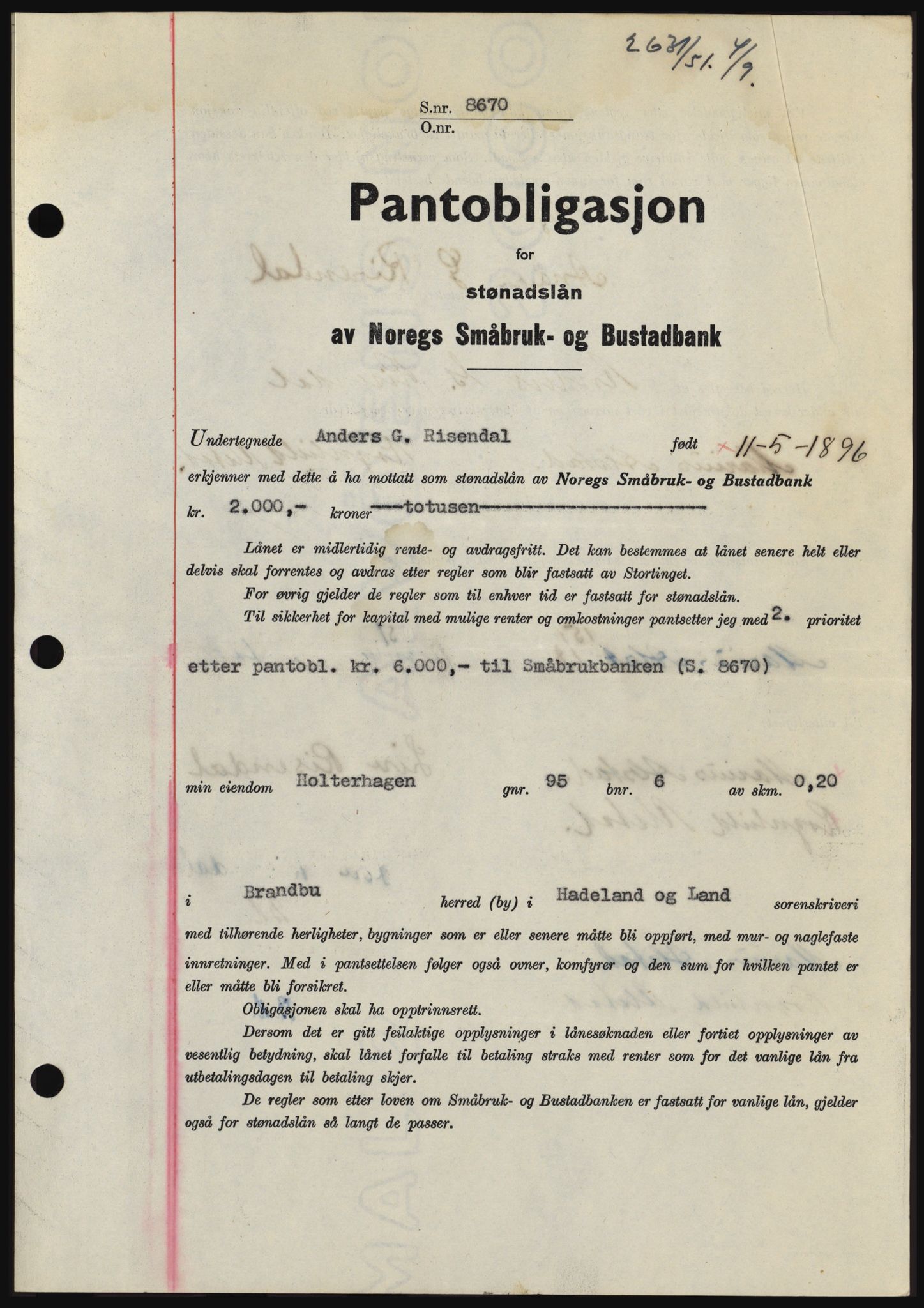 Hadeland og Land tingrett, SAH/TING-010/H/Hb/Hbc/L0022: Pantebok nr. B22, 1951-1951, Dagboknr: 2631/1951