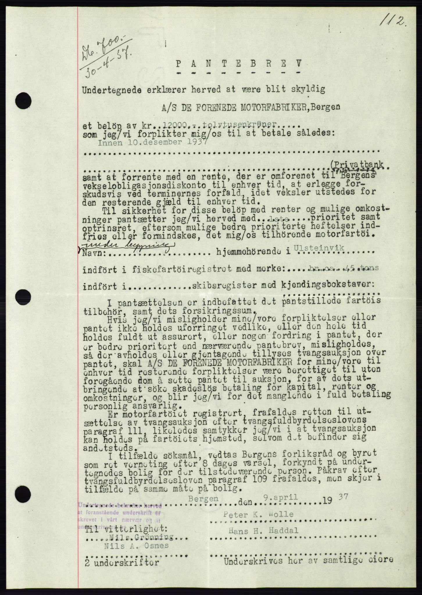 Søre Sunnmøre sorenskriveri, AV/SAT-A-4122/1/2/2C/L0063: Pantebok nr. 57, 1937-1937, Dagboknr: 700/1937