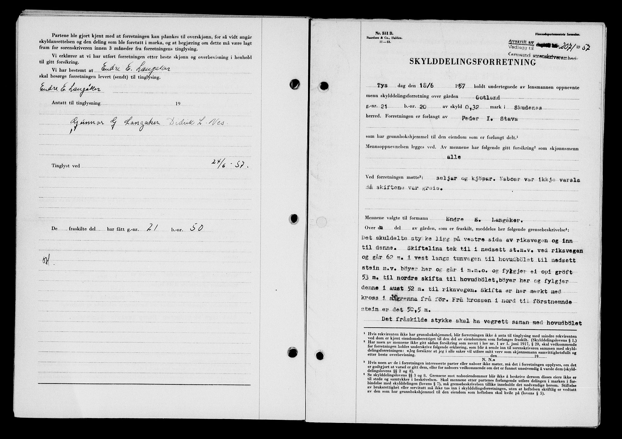 Karmsund sorenskriveri, SAST/A-100311/01/II/IIB/L0125: Pantebok nr. 105A, 1957-1957, Dagboknr: 2071/1957