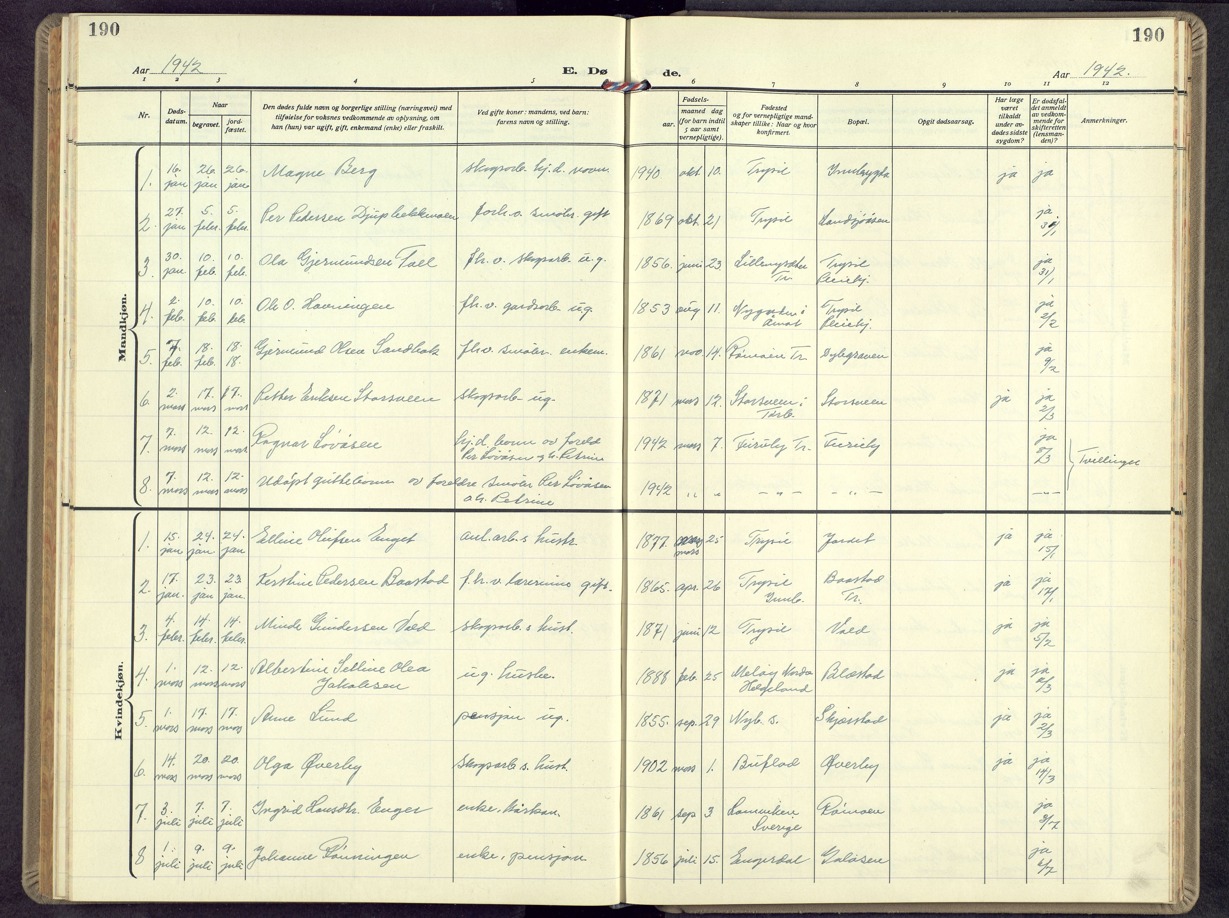 Trysil prestekontor, SAH/PREST-046/H/Ha/Hab/L0012: Klokkerbok nr. 12, 1938-1959, s. 190