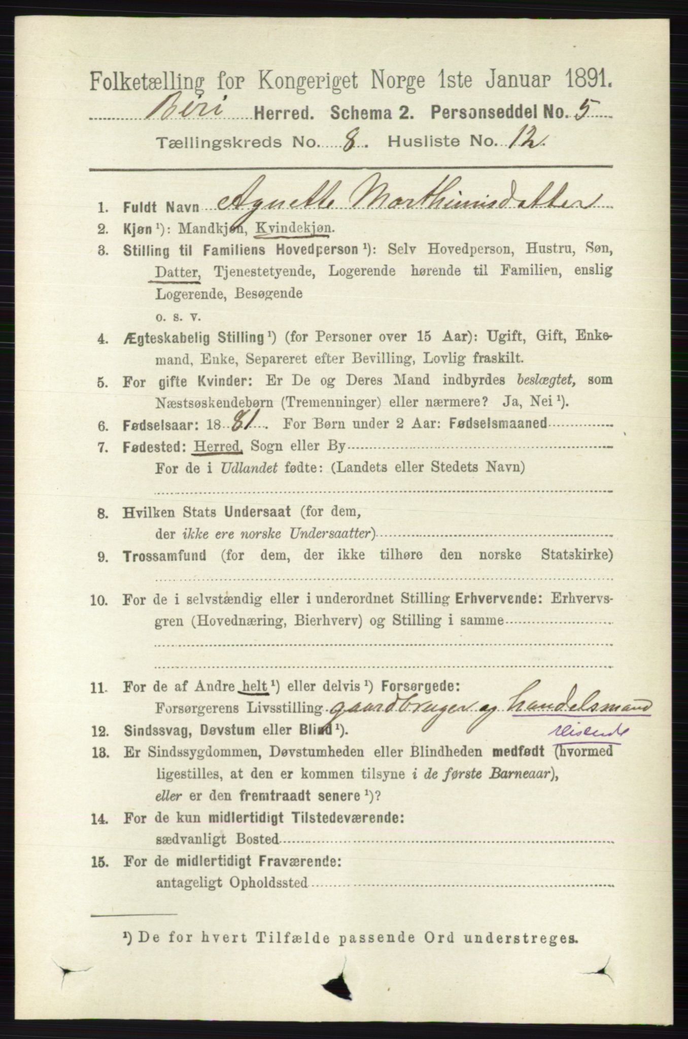 RA, Folketelling 1891 for 0525 Biri herred, 1891, s. 2975