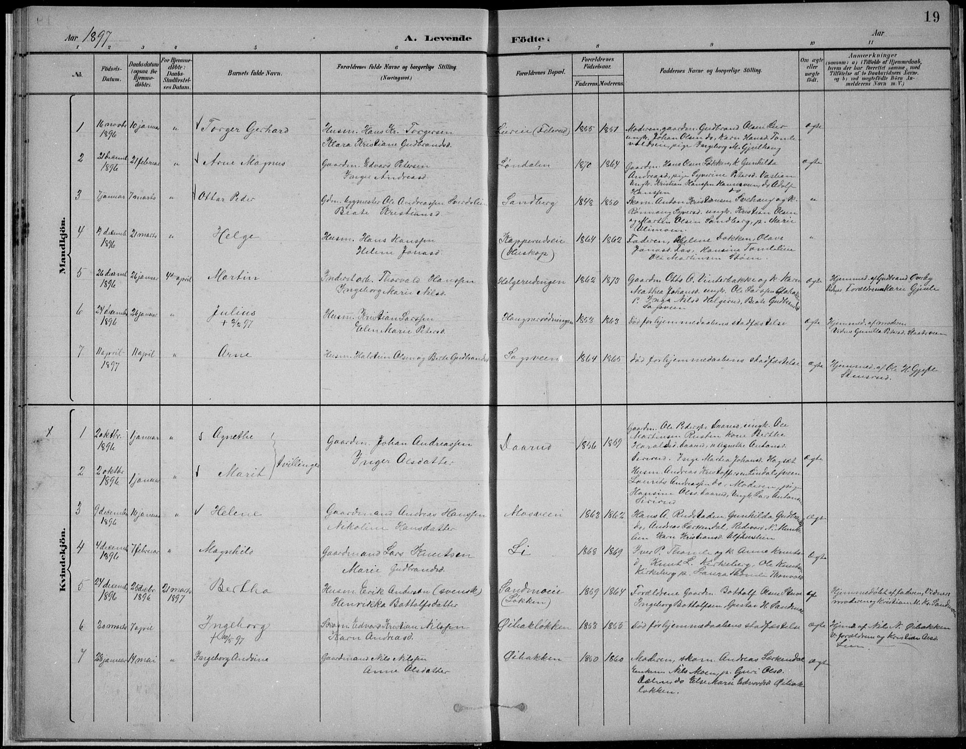 Nordre Land prestekontor, SAH/PREST-124/H/Ha/Hab/L0013: Klokkerbok nr. 13, 1891-1904, s. 19