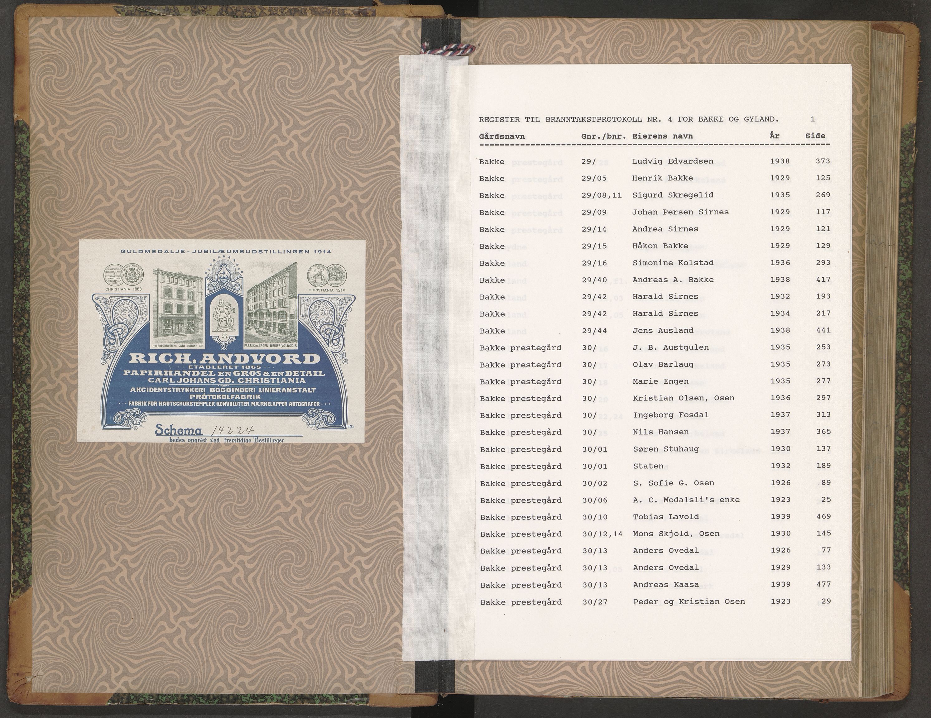 Norges Brannkasse Bakke og Gyland, AV/SAK-2241-0003/F/Fa/L0005: Branntakstprotokoll nr. 4 med gårdsnavnregister, 1922-1939