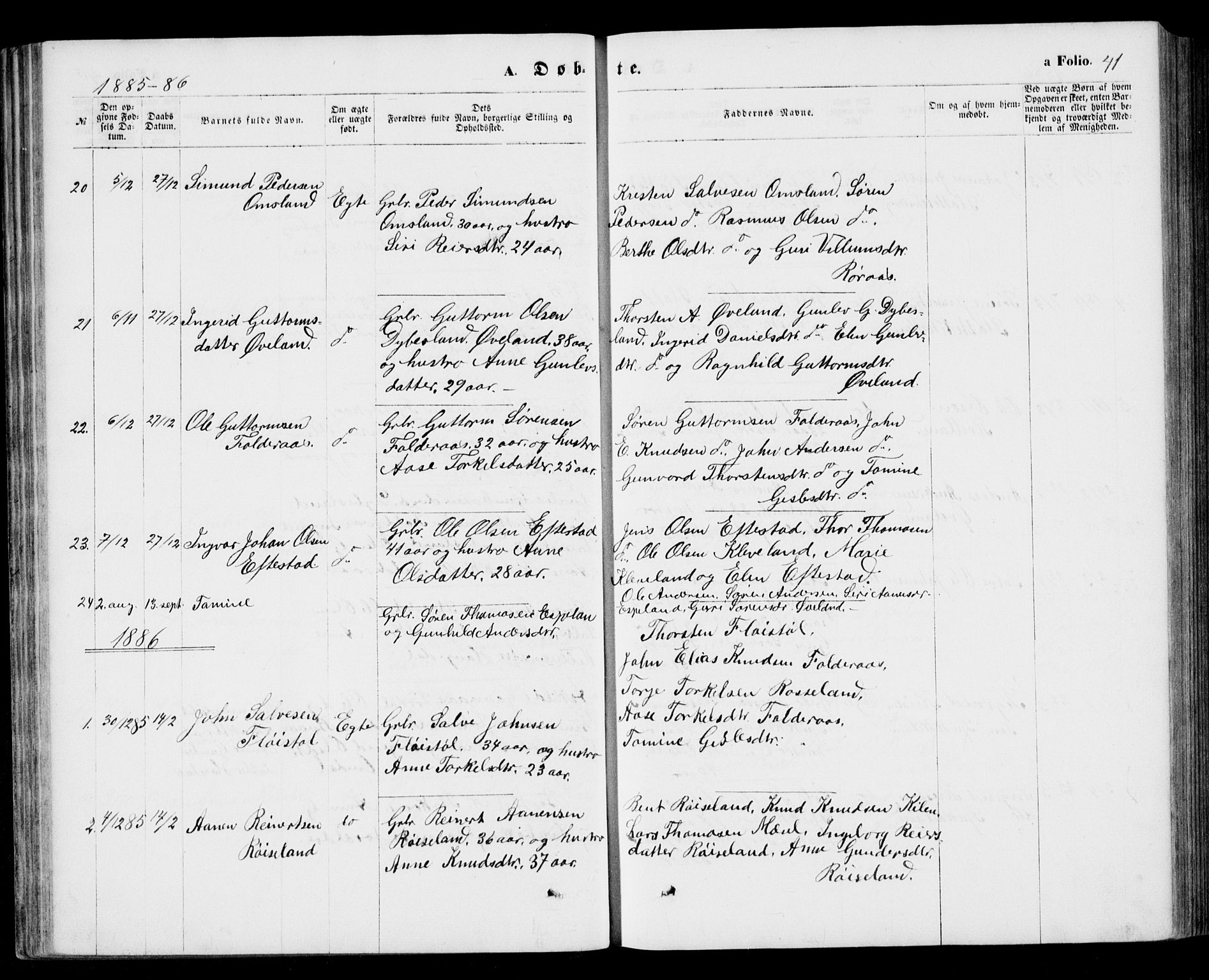 Bjelland sokneprestkontor, AV/SAK-1111-0005/F/Fb/Fbb/L0004: Klokkerbok nr. B 4, 1867-1887, s. 41