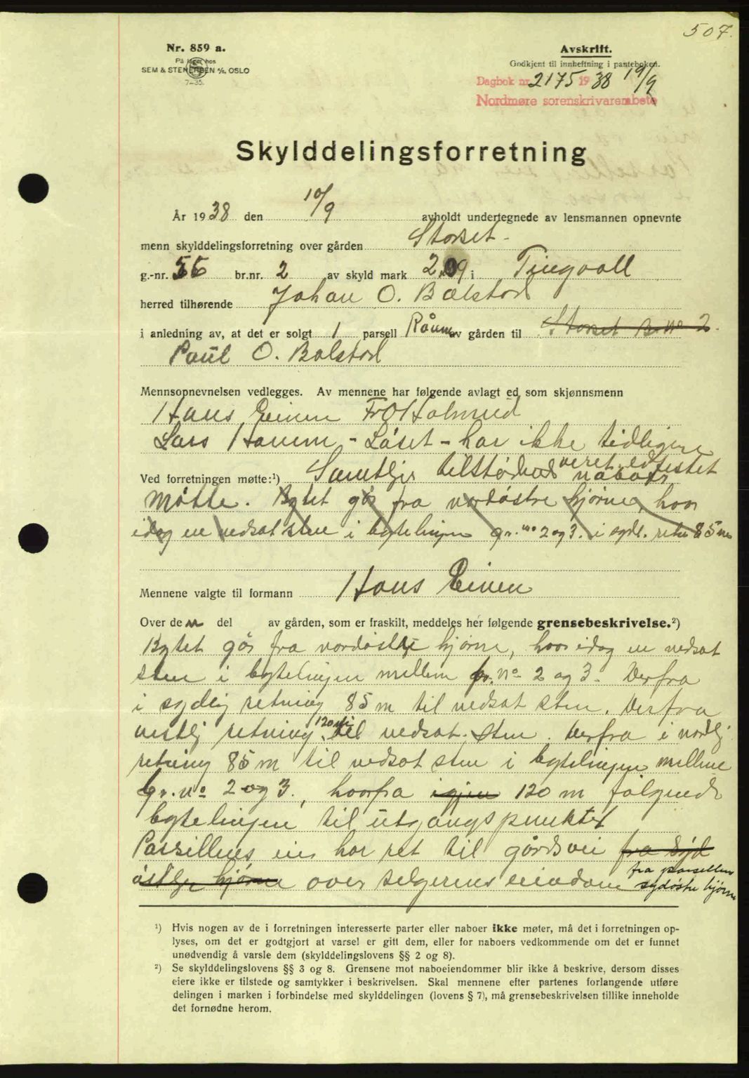 Nordmøre sorenskriveri, SAT/A-4132/1/2/2Ca: Pantebok nr. A84, 1938-1938, Dagboknr: 2175/1938