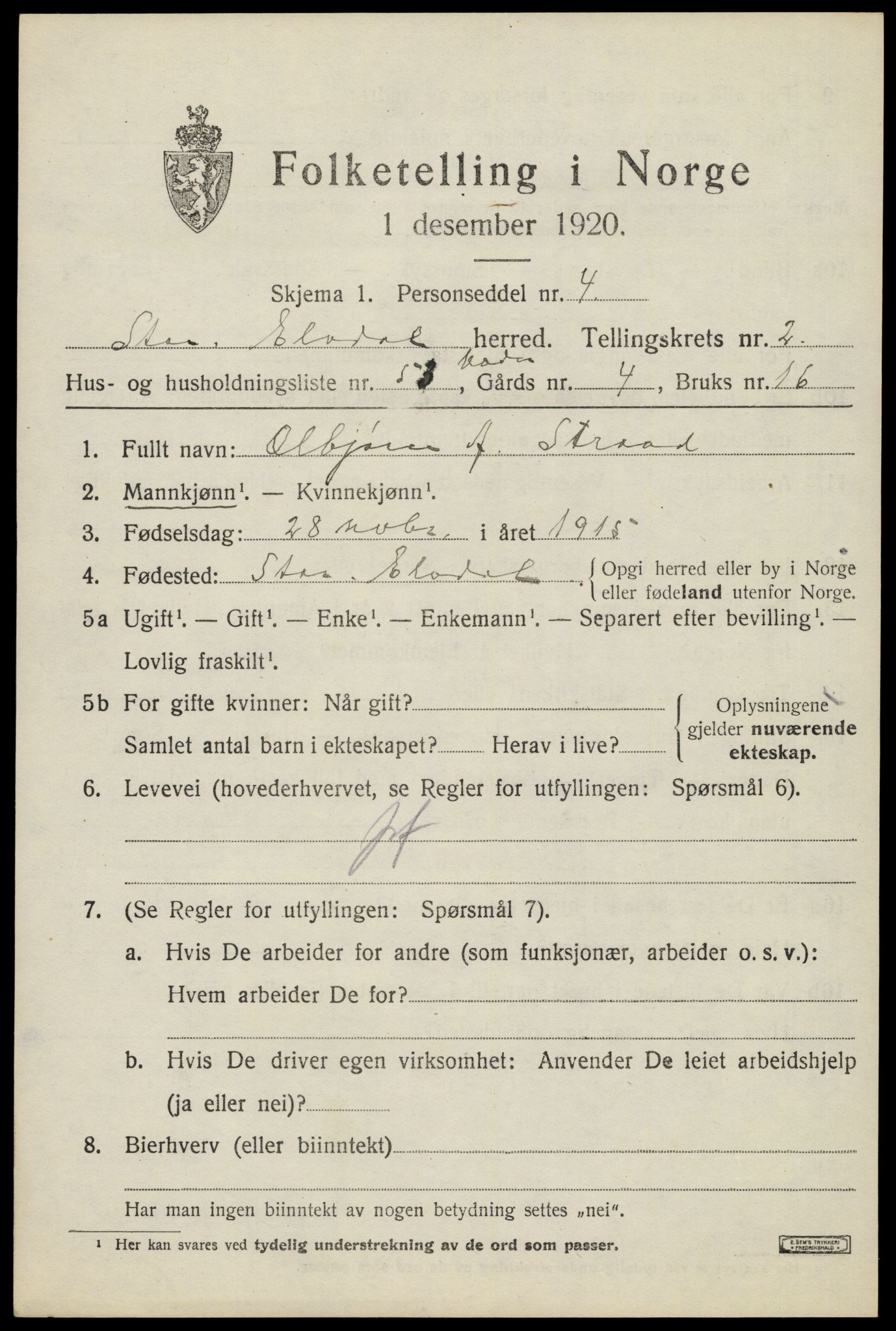 SAH, Folketelling 1920 for 0430 Stor-Elvdal herred, 1920, s. 2692