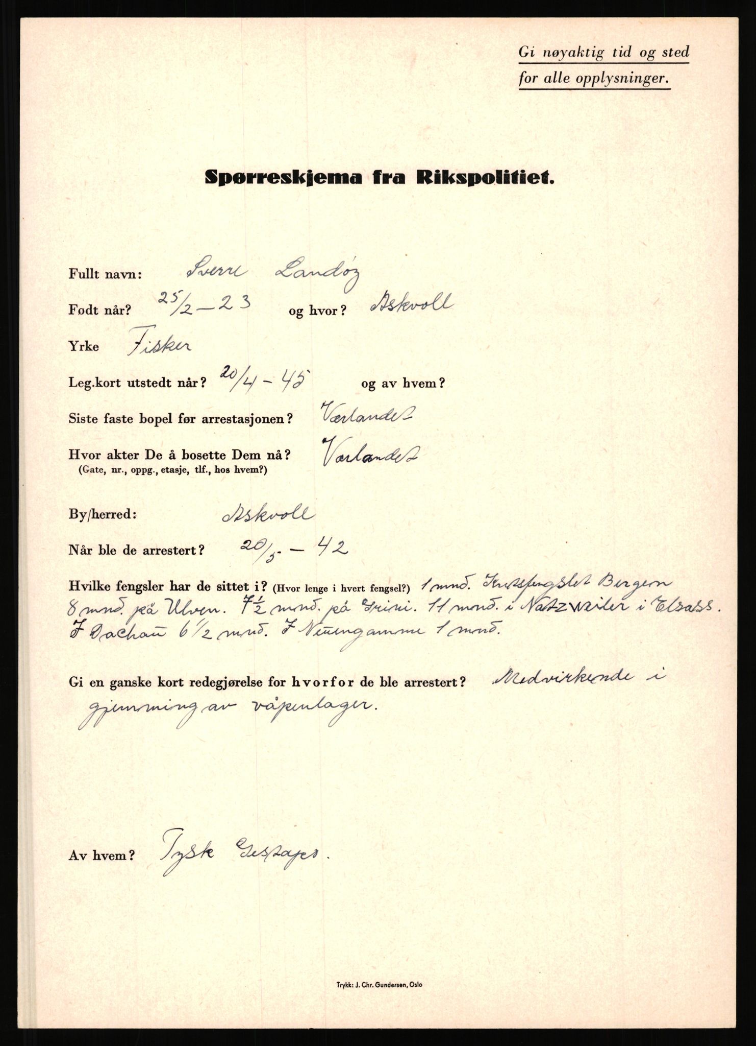 Rikspolitisjefen, AV/RA-S-1560/L/L0010: Kristianslund, Charles Ragnvald - Losvik, Einar, 1940-1945, s. 332