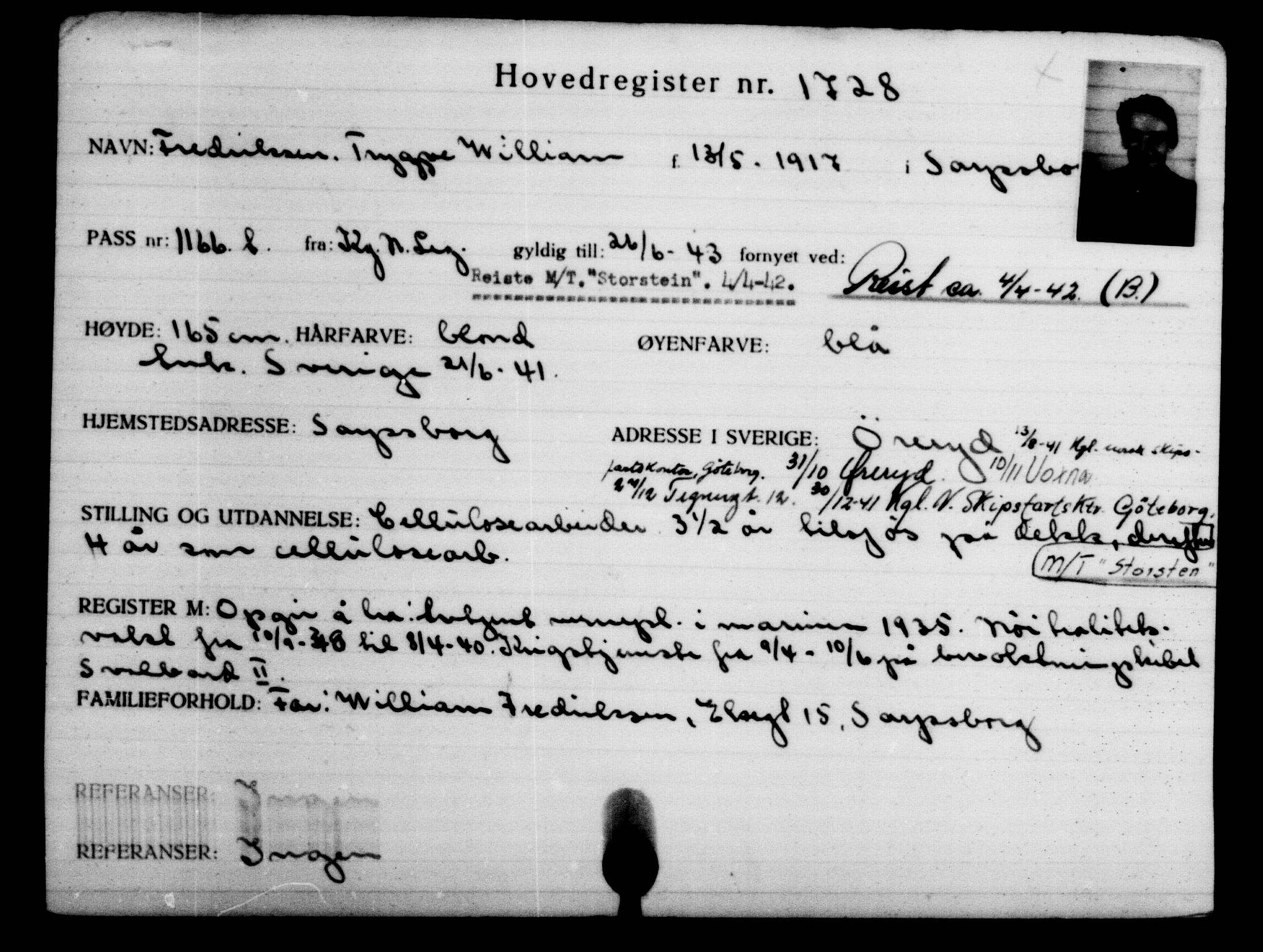 Utenriksstasjonene, Legasjonen i Stockholm, Flyktningkontoret, AV/RA-S-6753/V/Va/L0002: Kjesäterkartoteket, flyktninger med registreringsnr. 1001-2000, 1940-1945, s. 1036