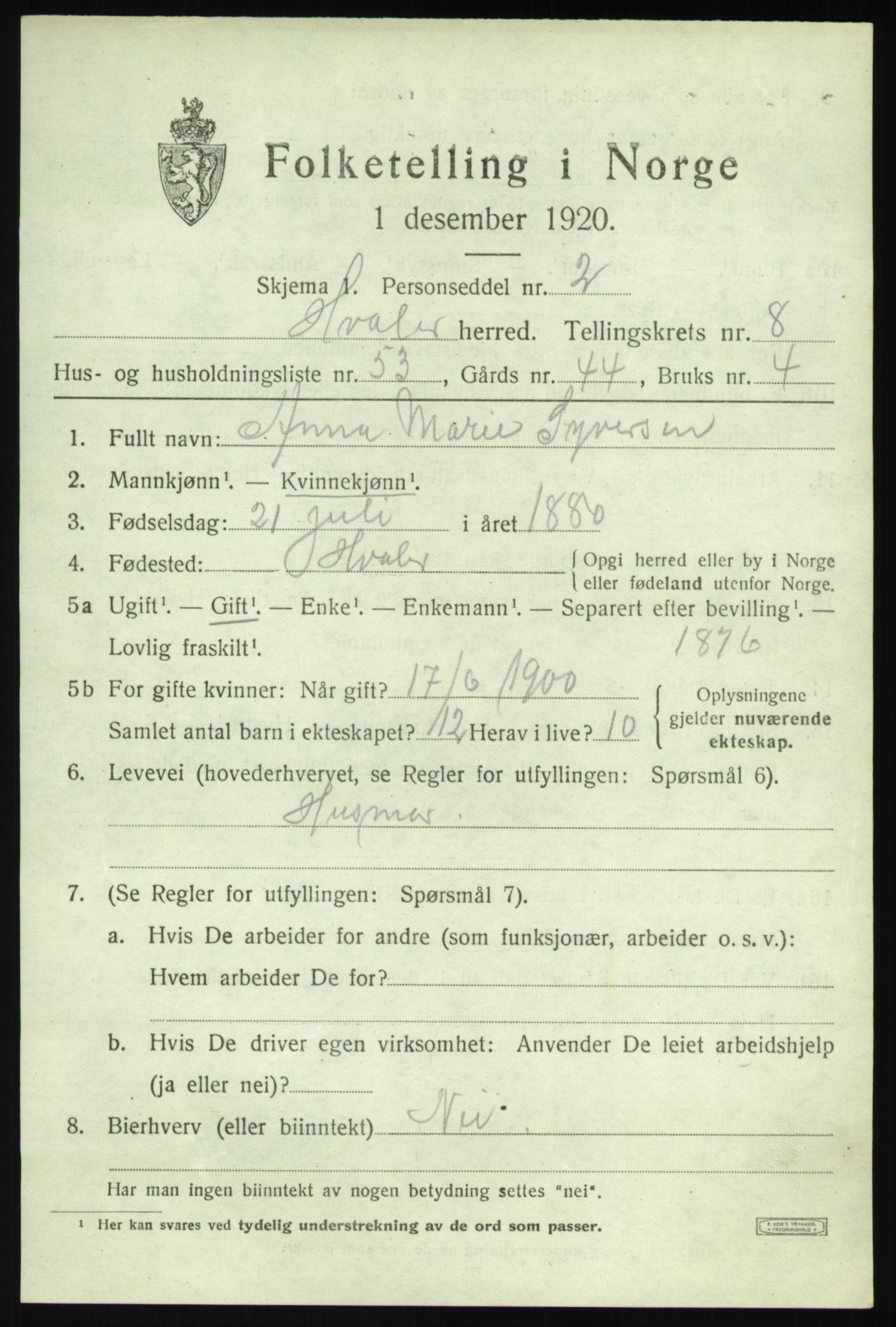 SAO, Folketelling 1920 for 0111 Hvaler herred, 1920, s. 7912