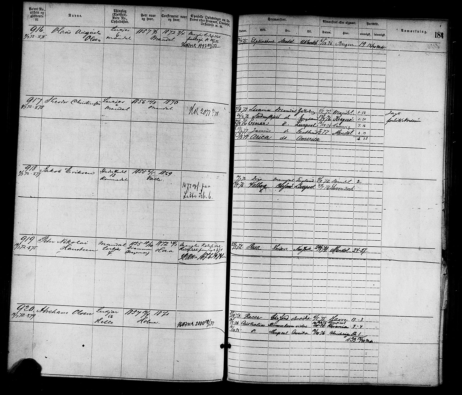 Mandal mønstringskrets, SAK/2031-0016/F/Fa/L0001: Annotasjonsrulle nr 1-1920 med register, L-3, 1869-1881, s. 217