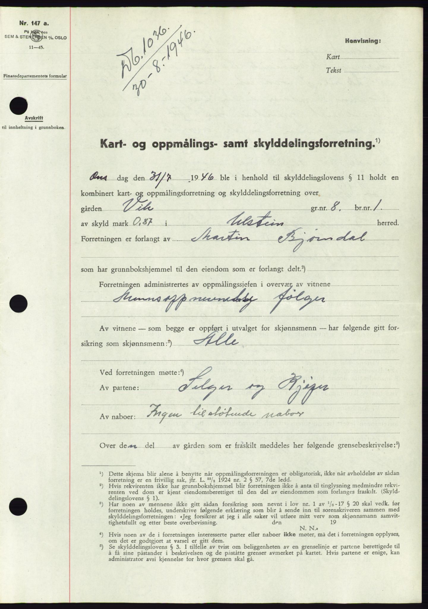 Søre Sunnmøre sorenskriveri, SAT/A-4122/1/2/2C/L0078: Pantebok nr. 4A, 1946-1946, Dagboknr: 1036/1946