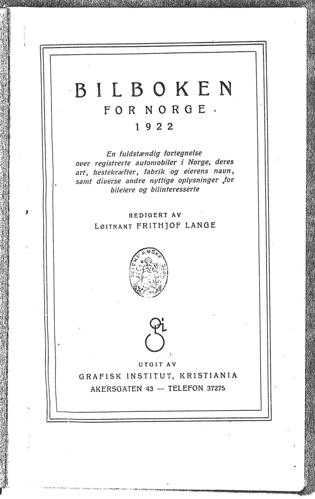 Andre publikasjoner, PUBL/PUBL-999/0001/1922: Bilboken for Norge 1922, 1922