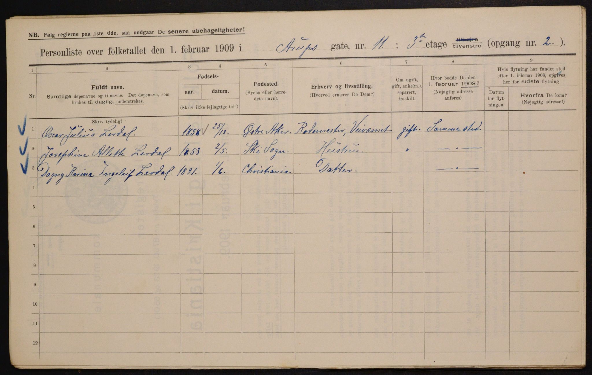 OBA, Kommunal folketelling 1.2.1909 for Kristiania kjøpstad, 1909, s. 2143