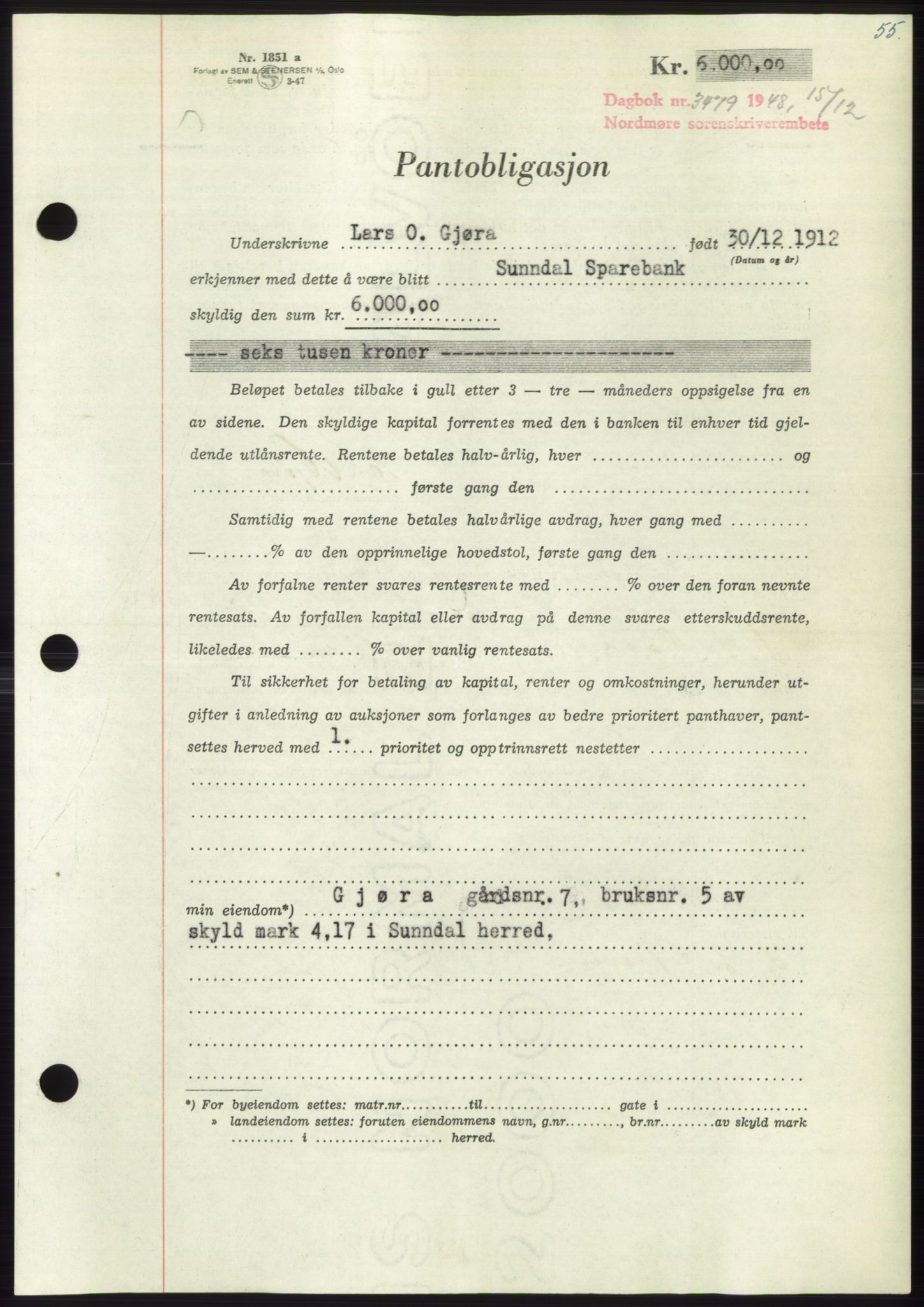 Nordmøre sorenskriveri, AV/SAT-A-4132/1/2/2Ca: Pantebok nr. B100, 1948-1949, Dagboknr: 3479/1948