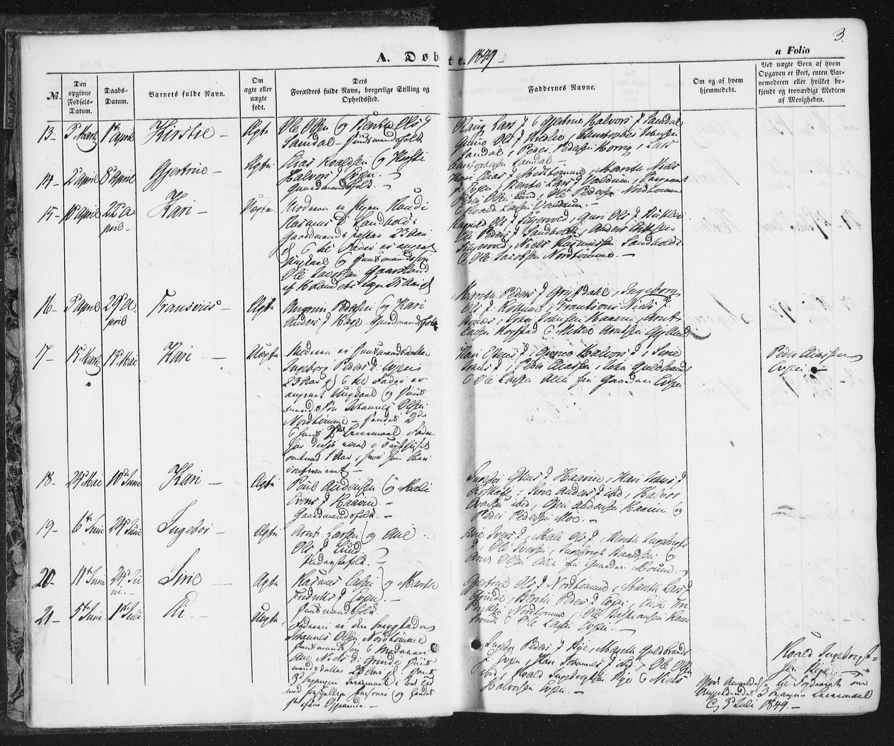 Ministerialprotokoller, klokkerbøker og fødselsregistre - Sør-Trøndelag, SAT/A-1456/692/L1103: Ministerialbok nr. 692A03, 1849-1870, s. 3