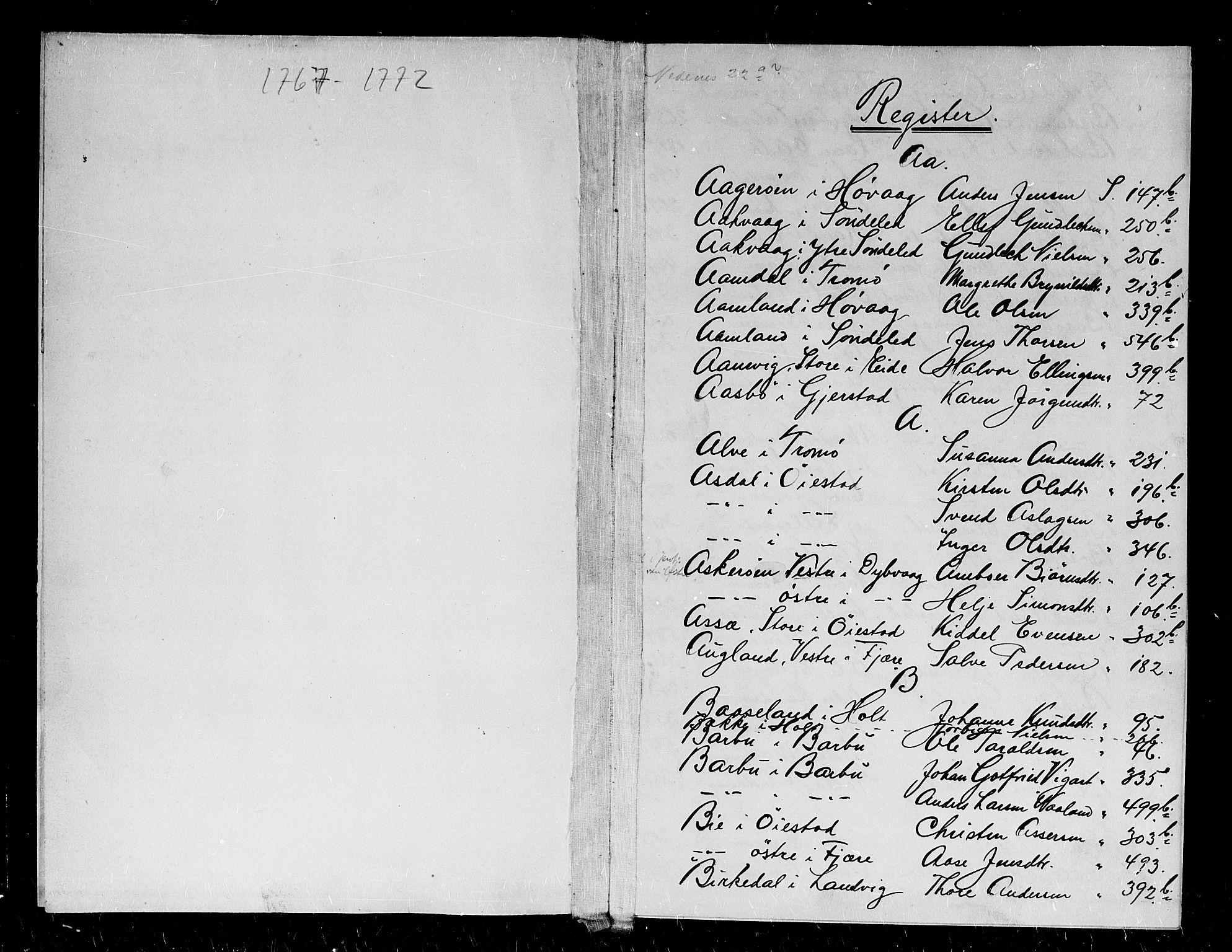 Nedenes sorenskriveri før 1824, AV/SAK-1221-0007/H/Hc/L0033: Skifteprotokoll med register nr 22a, 1767-1772
