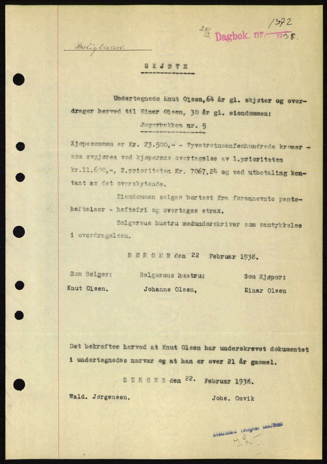 Byfogd og Byskriver i Bergen, SAB/A-3401/03/03Bc/L0006: Pantebok nr. A5, 1937-1938, Dagboknr: 1372/1938