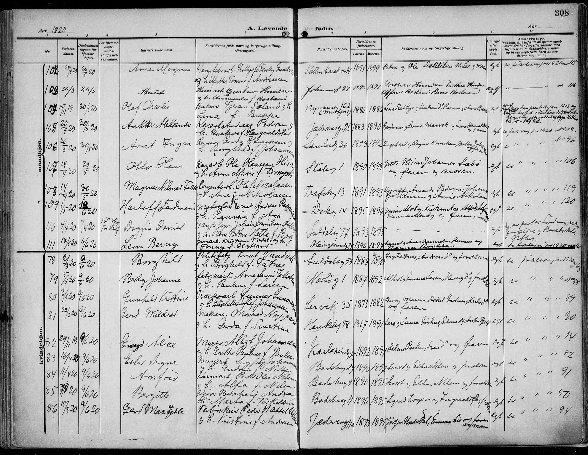St. Johannes sokneprestkontor, AV/SAST-A-101814/002/B/L0002: Ministerialbok nr. A 9, 1911-1921, s. 308