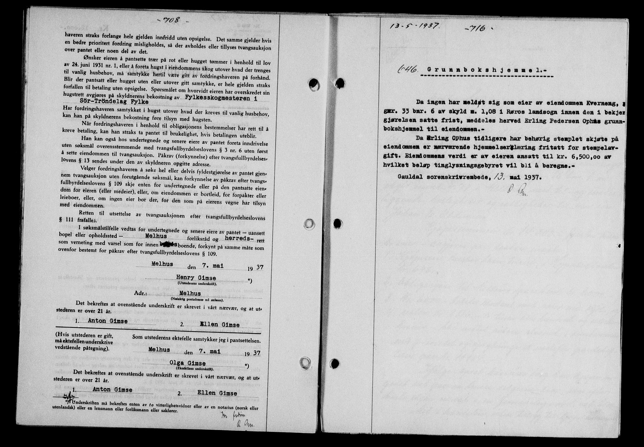 Gauldal sorenskriveri, SAT/A-0014/1/2/2C/L0047: Pantebok nr. 50-51, 1937-1937, Dagboknr: 646/1937