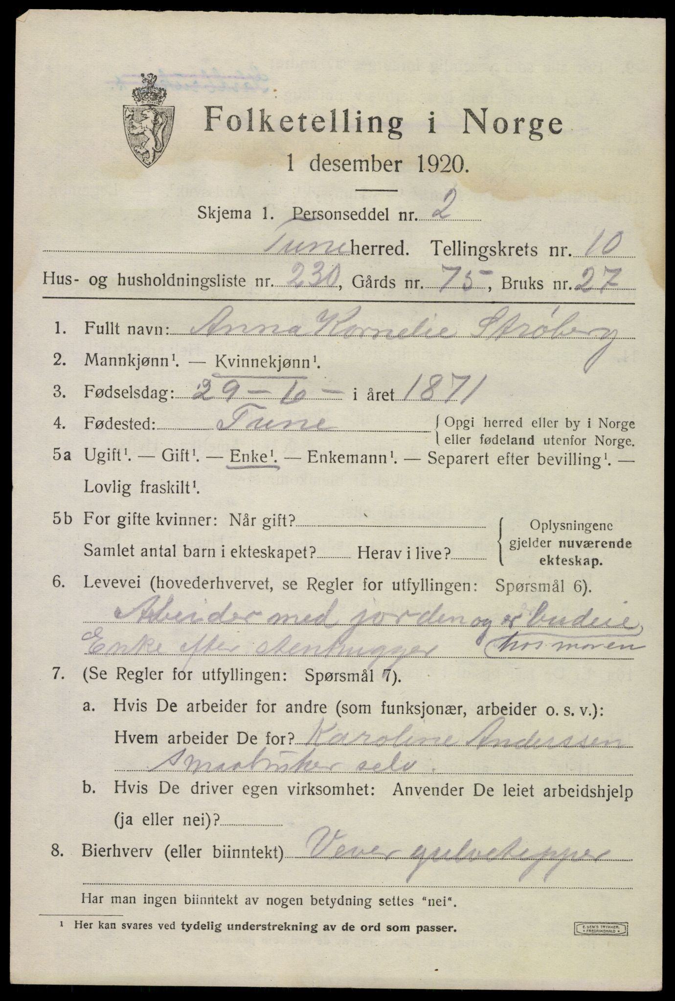 SAO, Folketelling 1920 for 0130 Tune herred, 1920, s. 13888