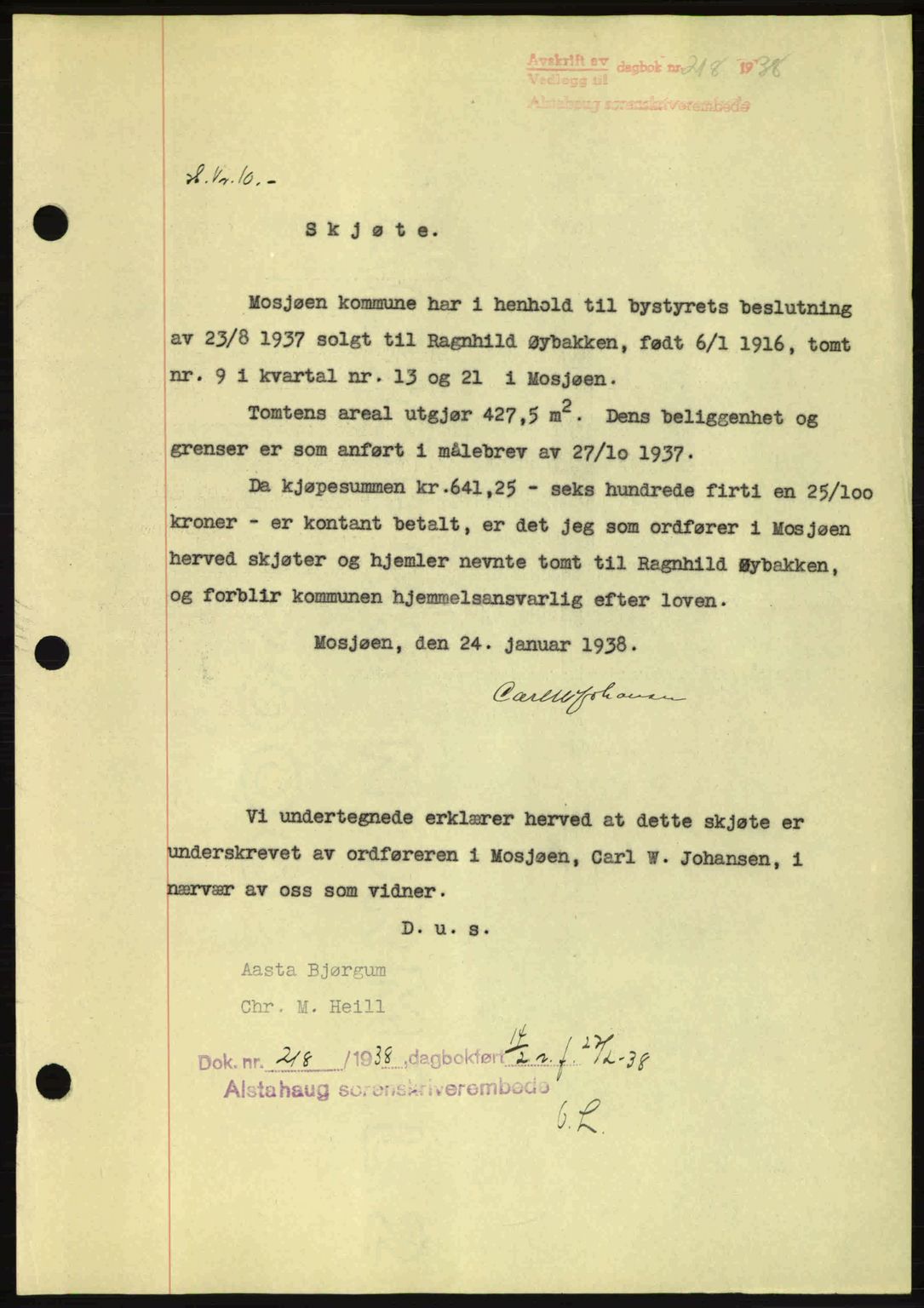 Alstahaug sorenskriveri, SAT/A-1009: Pantebok nr. A3, 1937-1938, Dagboknr: 218/1938