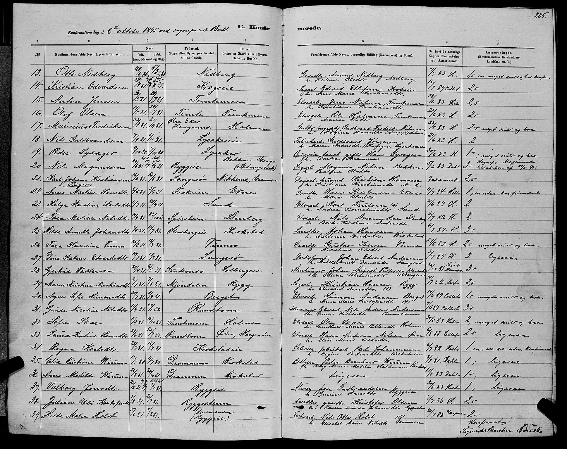 Nedre Eiker kirkebøker, AV/SAKO-A-612/G/Ga/L0002: Klokkerbok nr. 2, 1880-1896, s. 285