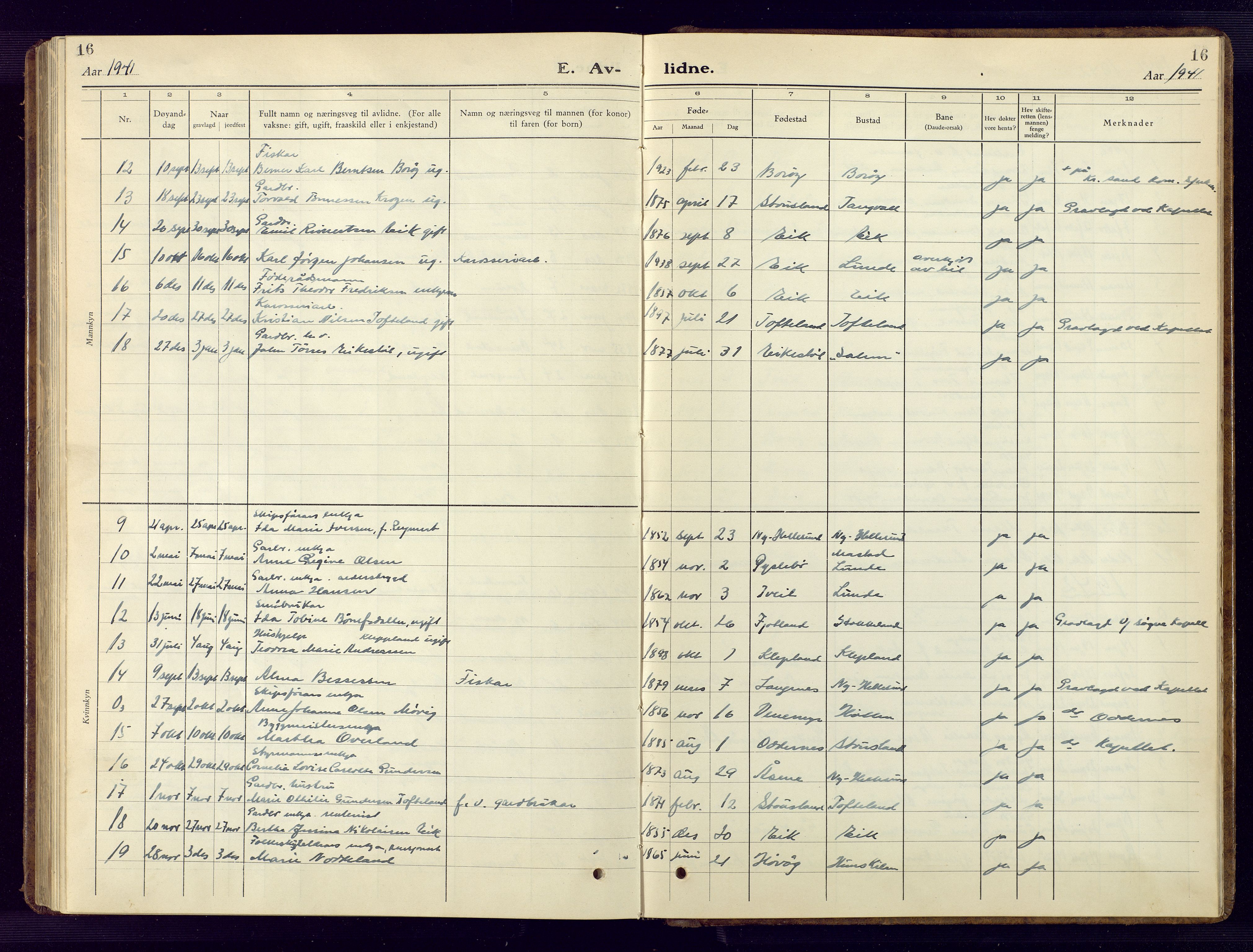 Søgne sokneprestkontor, AV/SAK-1111-0037/F/Fb/Fbb/L0008: Klokkerbok nr. B 8, 1932-1949, s. 16