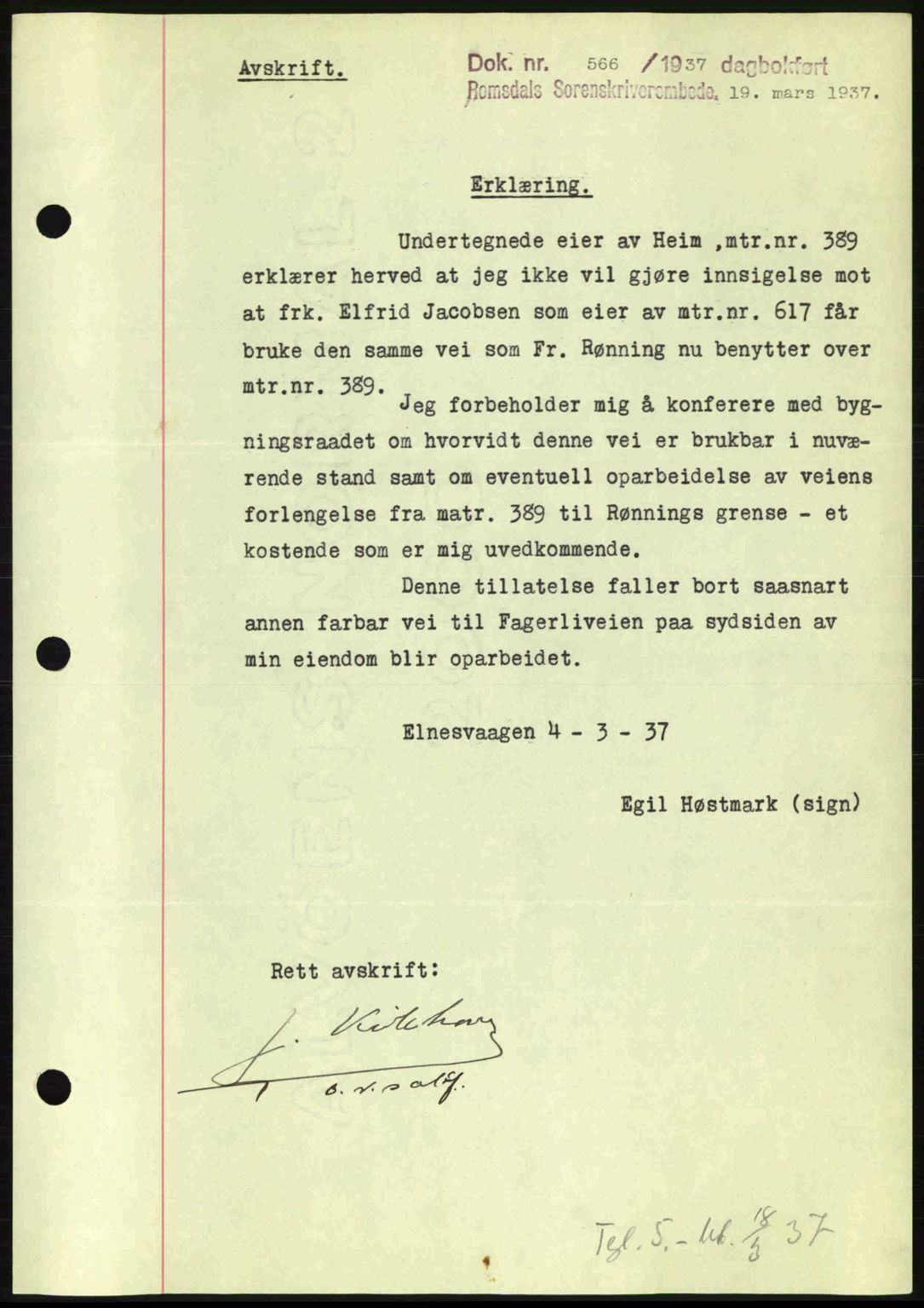 Romsdal sorenskriveri, SAT/A-4149/1/2/2C: Pantebok nr. A2, 1936-1937, Dagboknr: 566/1937