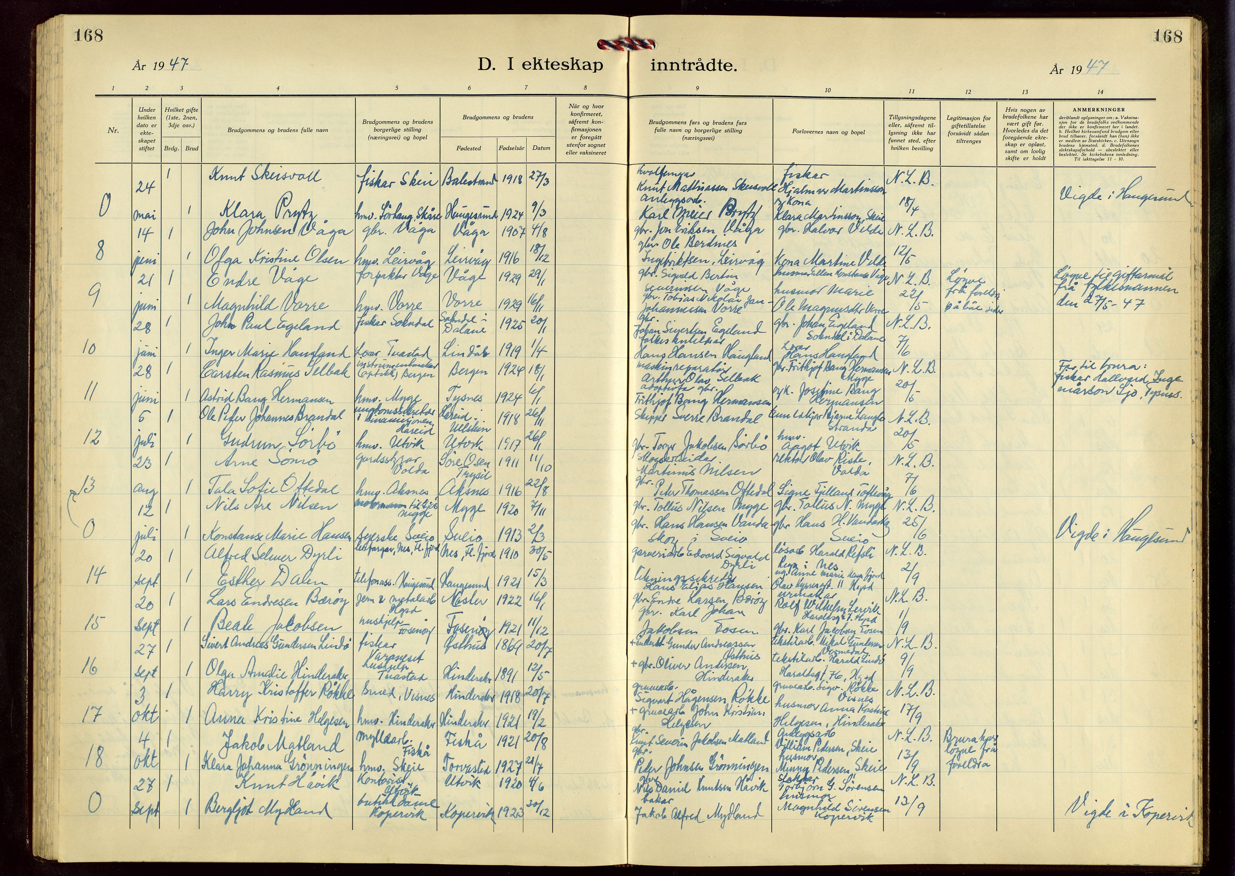 Avaldsnes sokneprestkontor, AV/SAST-A -101851/H/Ha/Hab/L0009: Klokkerbok nr. B 9, 1940-1958, s. 168