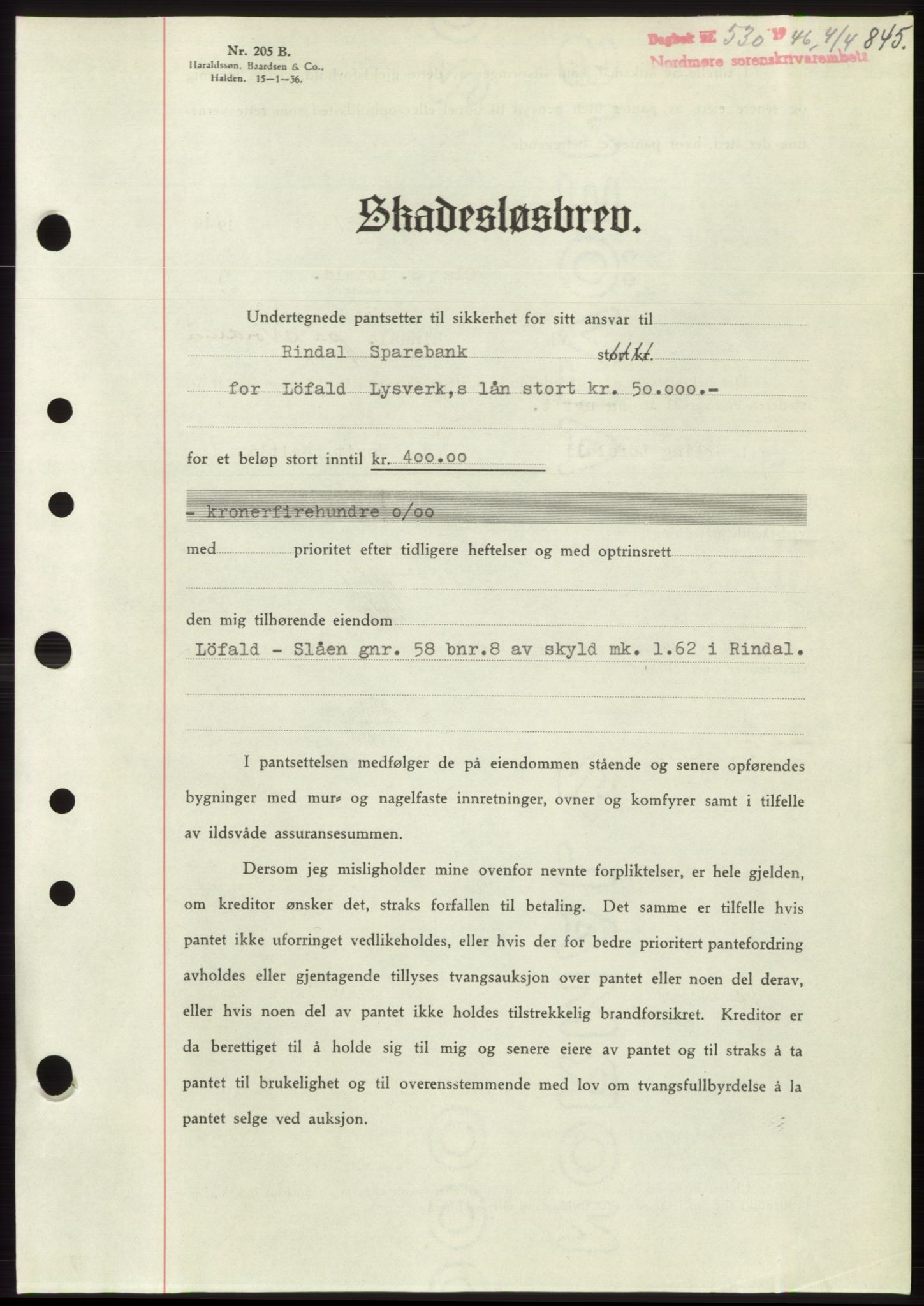 Nordmøre sorenskriveri, SAT/A-4132/1/2/2Ca: Pantebok nr. B93b, 1946-1946, Dagboknr: 530/1946