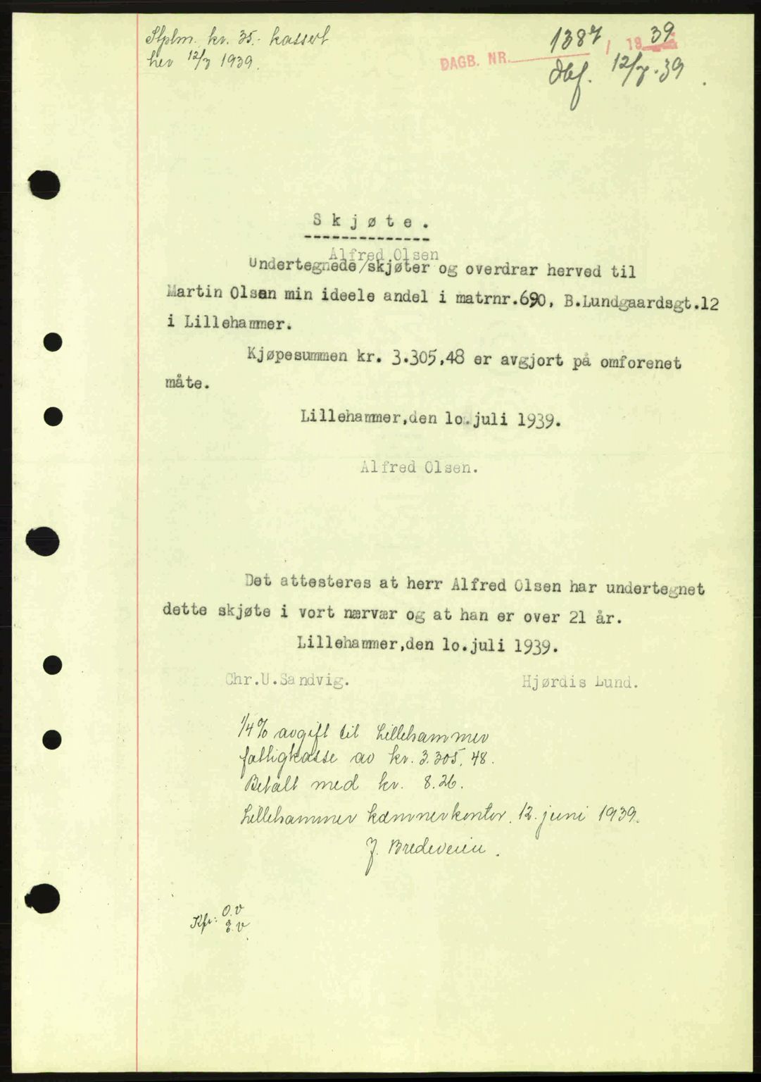 Sør-Gudbrandsdal tingrett, SAH/TING-004/H/Hb/Hbd/L0006: Pantebok nr. A6, 1939-1939, Dagboknr: 1387/1939