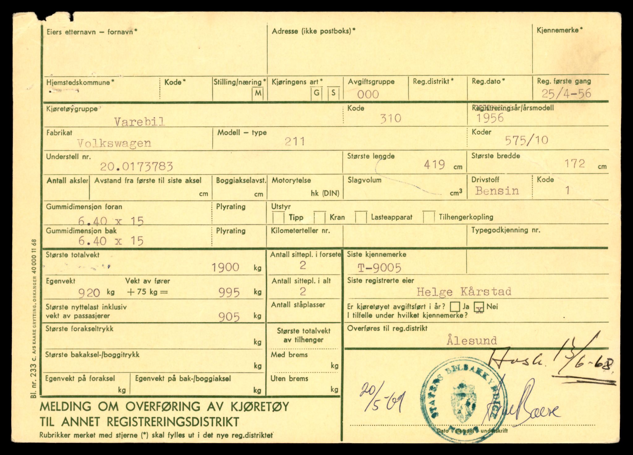 Møre og Romsdal vegkontor - Ålesund trafikkstasjon, AV/SAT-A-4099/F/Fe/L0017: Registreringskort for kjøretøy T 1985 - T 10090, 1927-1998, s. 881