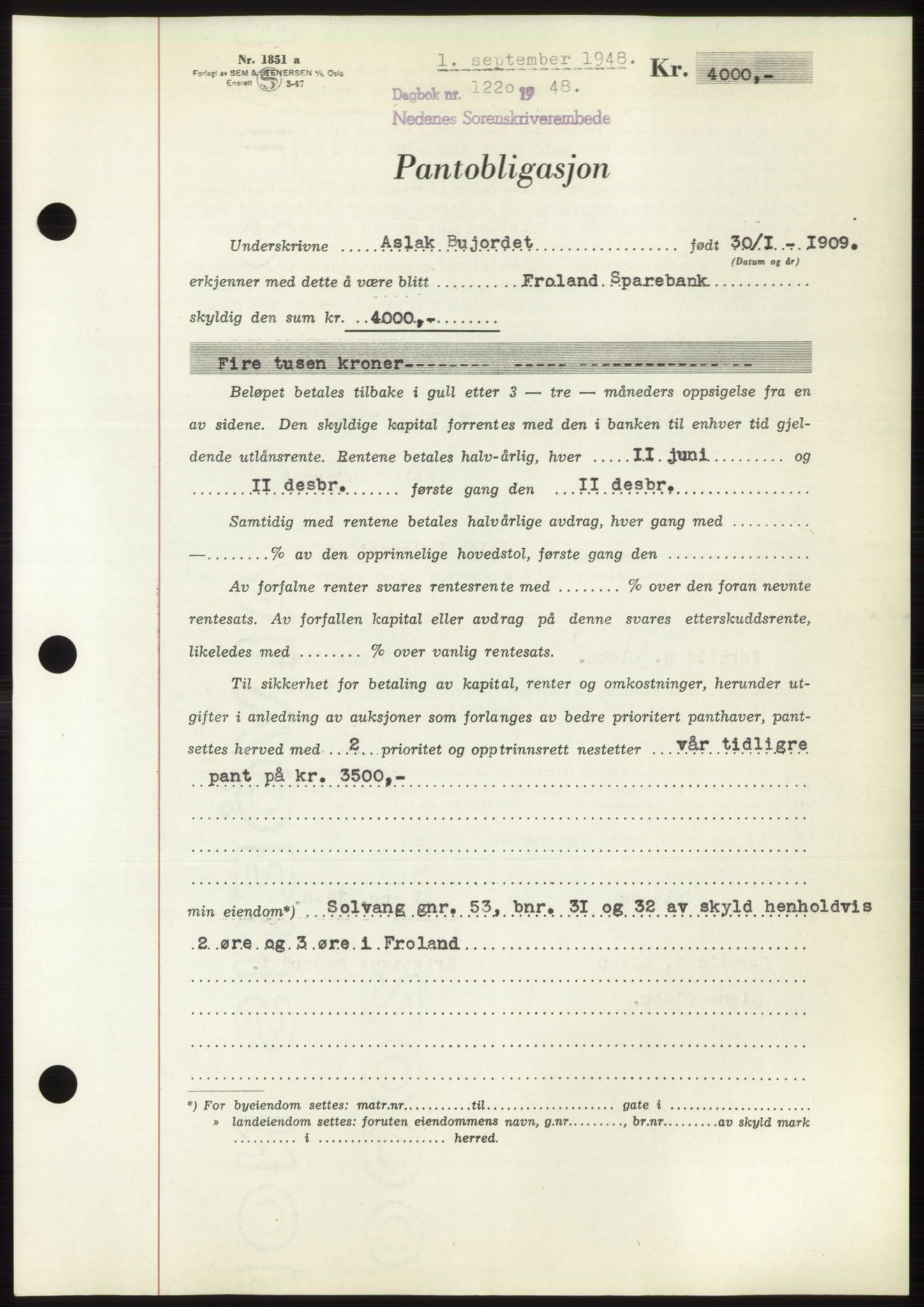 Nedenes sorenskriveri, AV/SAK-1221-0006/G/Gb/Gbb/L0005: Pantebok nr. B5, 1948-1948, Dagboknr: 1220/1948