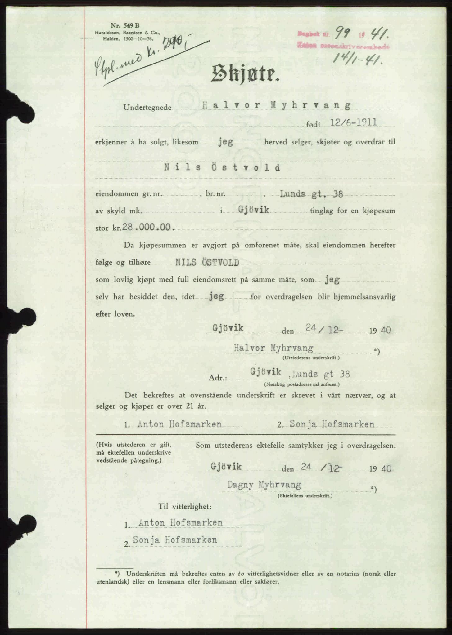 Toten tingrett, AV/SAH-TING-006/H/Hb/Hbc/L0008: Pantebok nr. Hbc-08, 1941-1941, Dagboknr: 99/1941