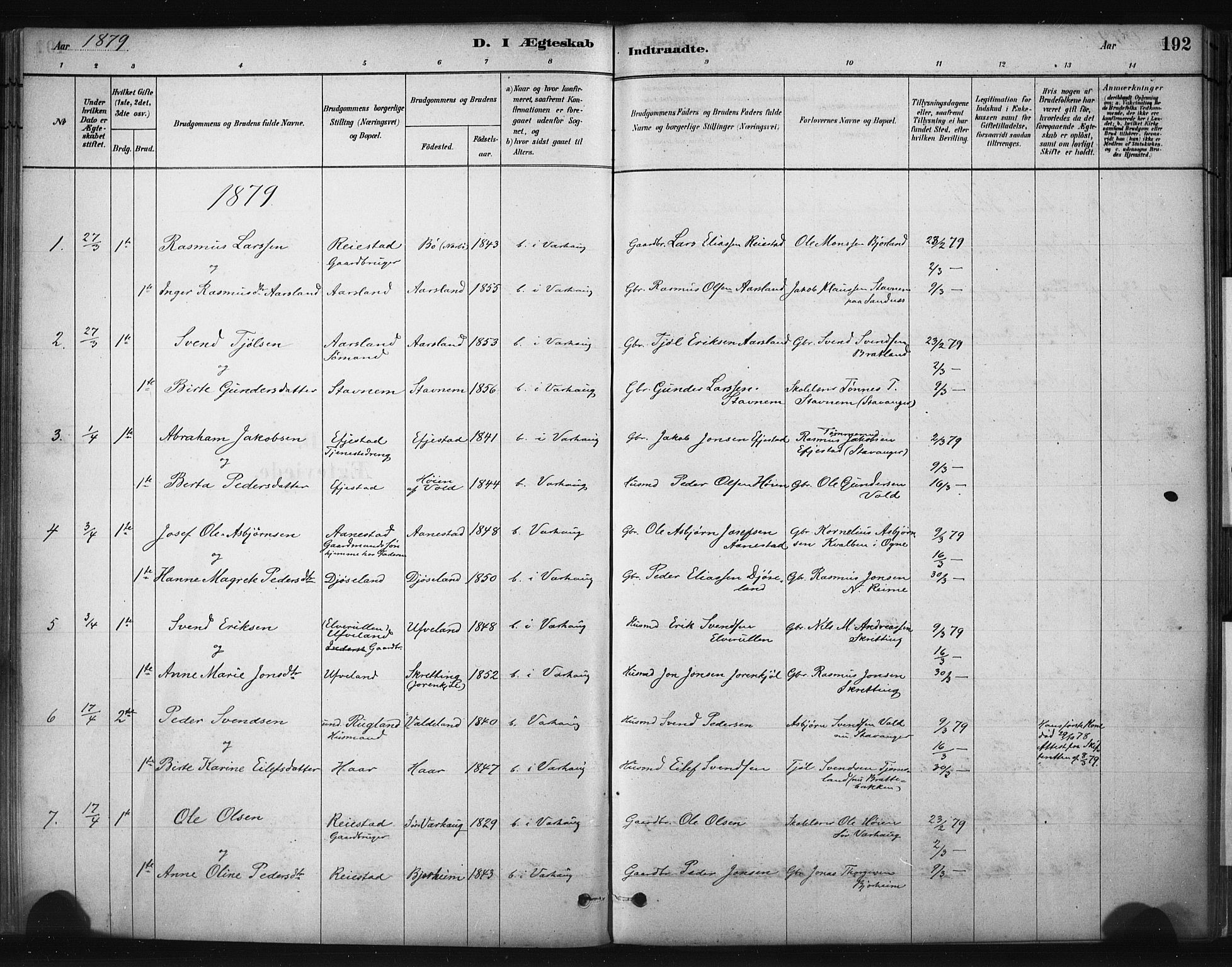 Hå sokneprestkontor, AV/SAST-A-101801/001/30BA/L0011: Ministerialbok nr. A 10, 1879-1900, s. 192
